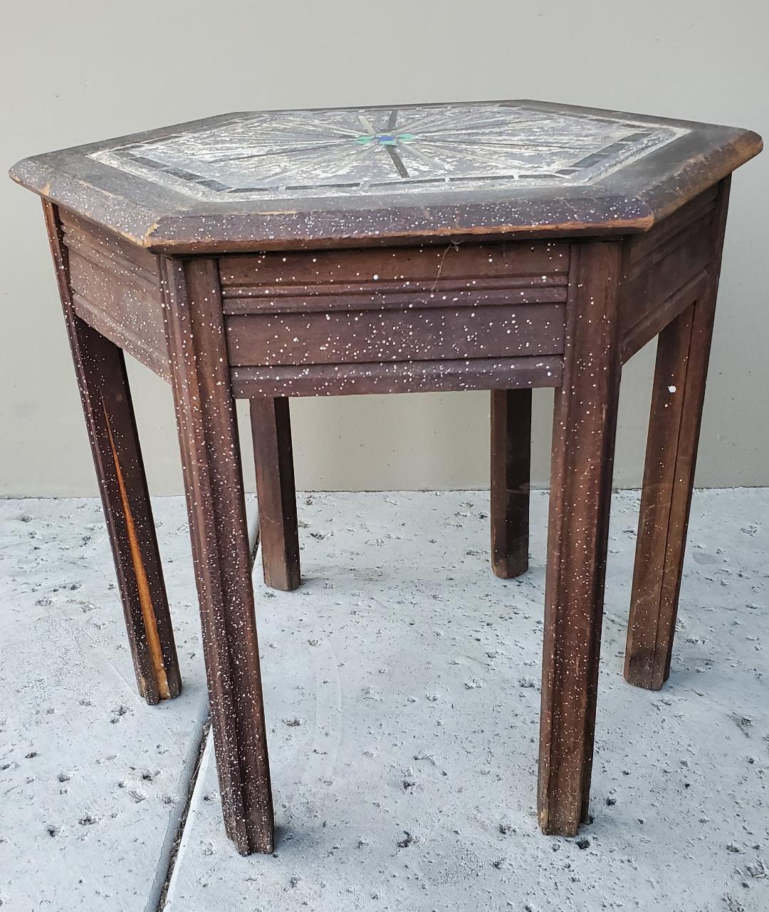 Antique Hexagon Mosaic Oak Side Table Wabi Sabi For Sale 3