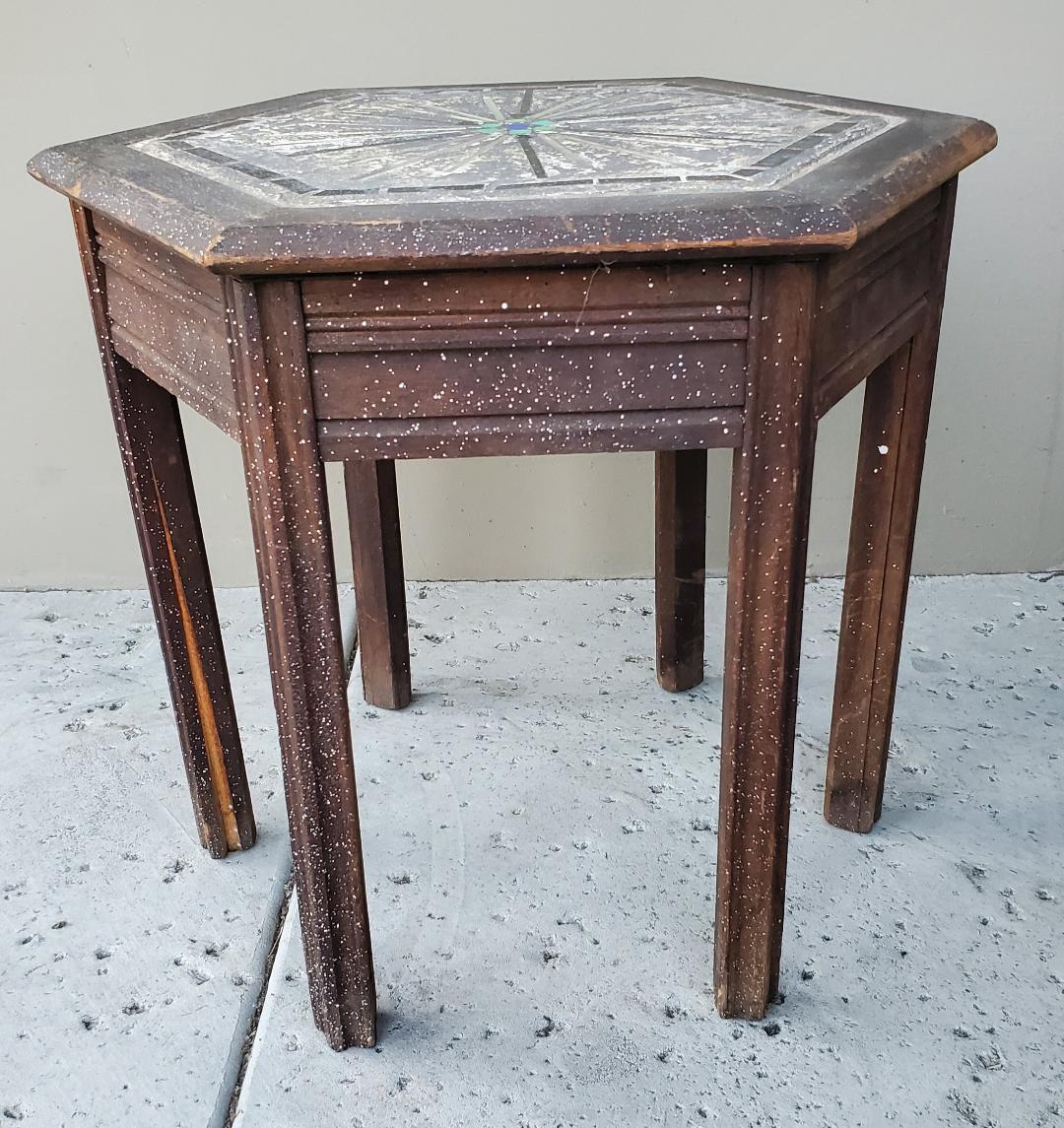 Antique Hexagon Mosaic Oak Side Table Wabi Sabi For Sale 12
