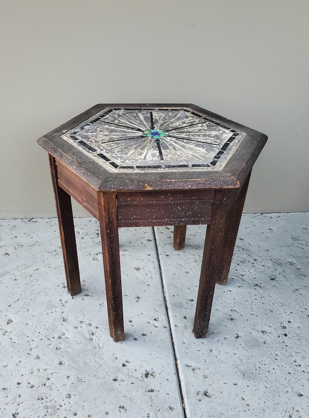 Antique Hexagon Mosaic Oak Side Table Wabi Sabi. 
Wabi Sabi Can Be Seen In This Awesome Table, For The Definition Of Wabi Sabi Means To See The Beauty In Imperfection And To Appreciate The Simplicity, And Accept That Change Is Inevitable.
As You Can