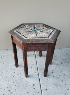Antique Hexagon Mosaic Oak Side Table Wabi Sabi
