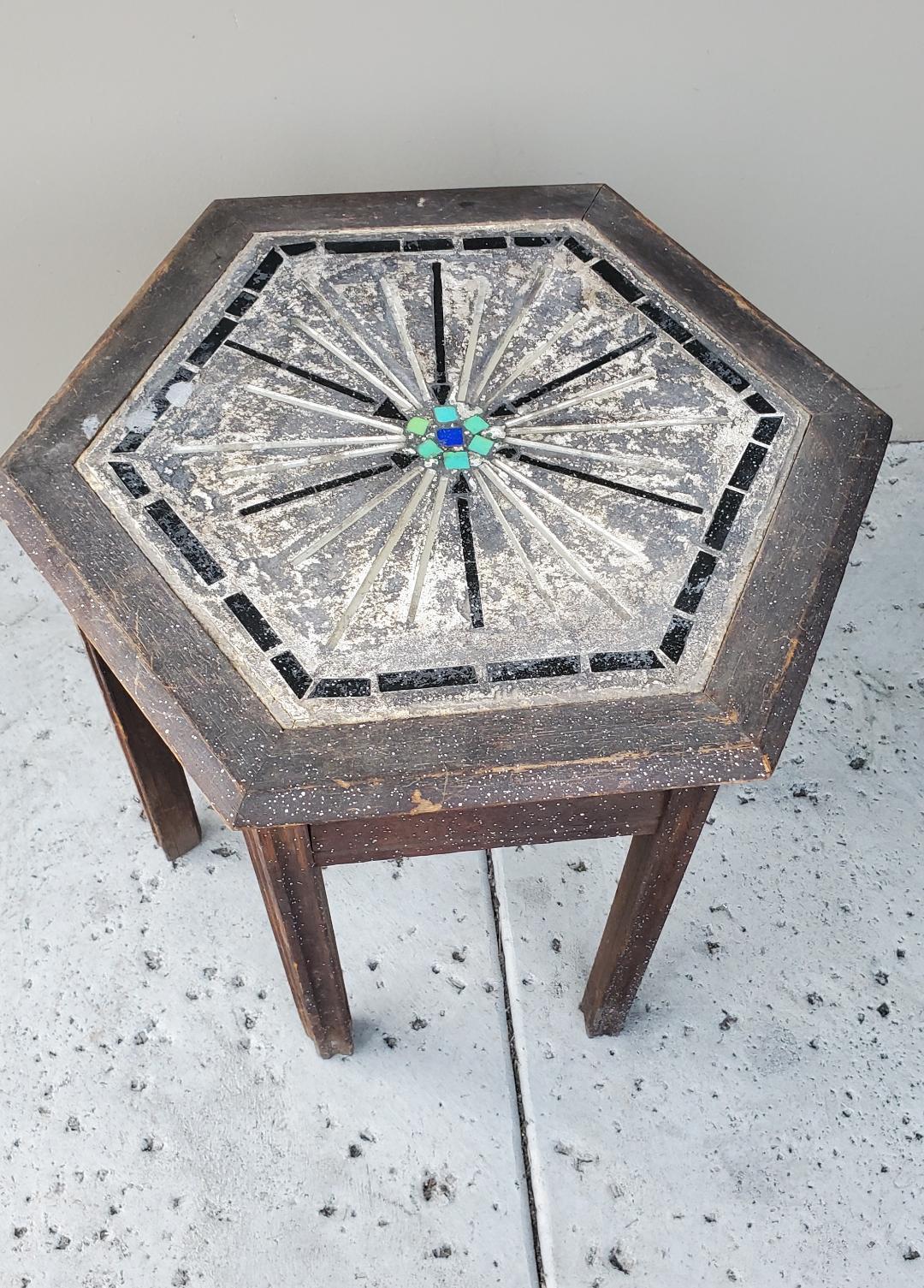 American Antique Hexagon Mosaic Oak Side Table Wabi Sabi For Sale
