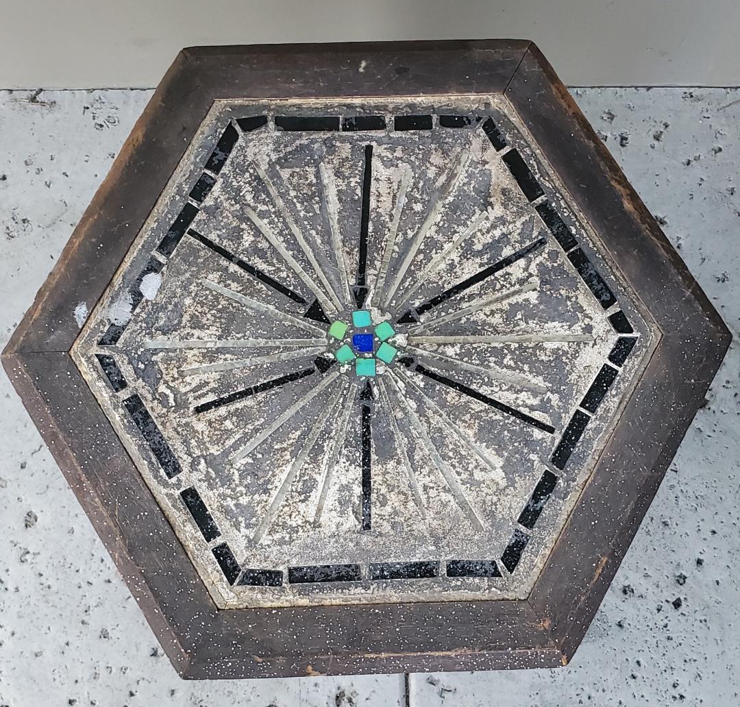 Antique Hexagon Mosaic Oak Side Table Wabi Sabi In Good Condition For Sale In Monrovia, CA