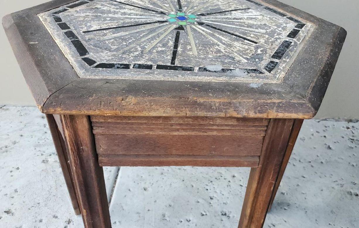 Antique Hexagon Mosaic Oak Side Table Wabi Sabi For Sale 2