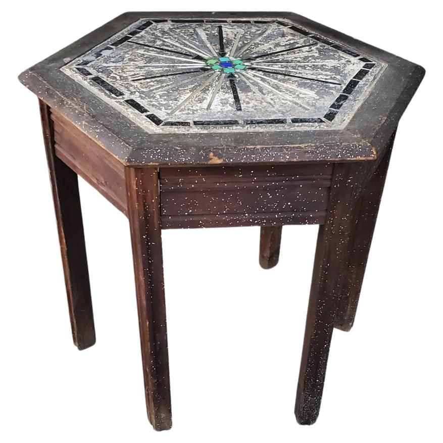 Antique Hexagon Mosaic Oak Side Table Wabi Sabi For Sale