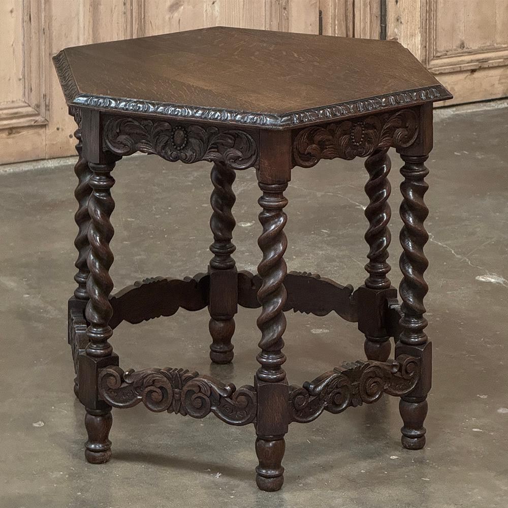 Antique Hexagonal Barley Twist End Table will make a great addition to any cozy seating group, serve as a lamp table, or tuck in a corner between a pair of armchairs.  Hand-crafted from solid oak, it features an intriguing hexagonal top edged with