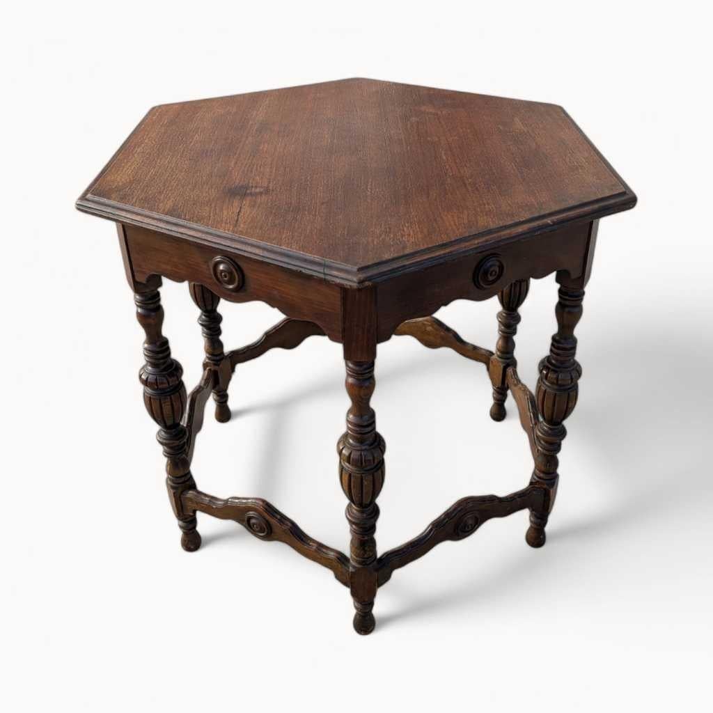 Antique Hexagonal Dining Table Carved Wood with Turned Legs, Early 1900s Accent en vente 2