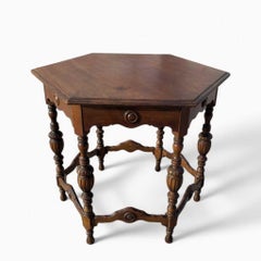 Antique Hexagonal Dining Table Carved Wood with Turned Legs, Early 1900s Accent