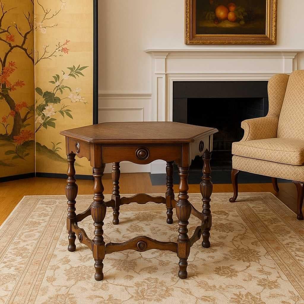 Anglais Antique Hexagonal Dining Table Carved Wood with Turned Legs, Early 1900s Accent en vente