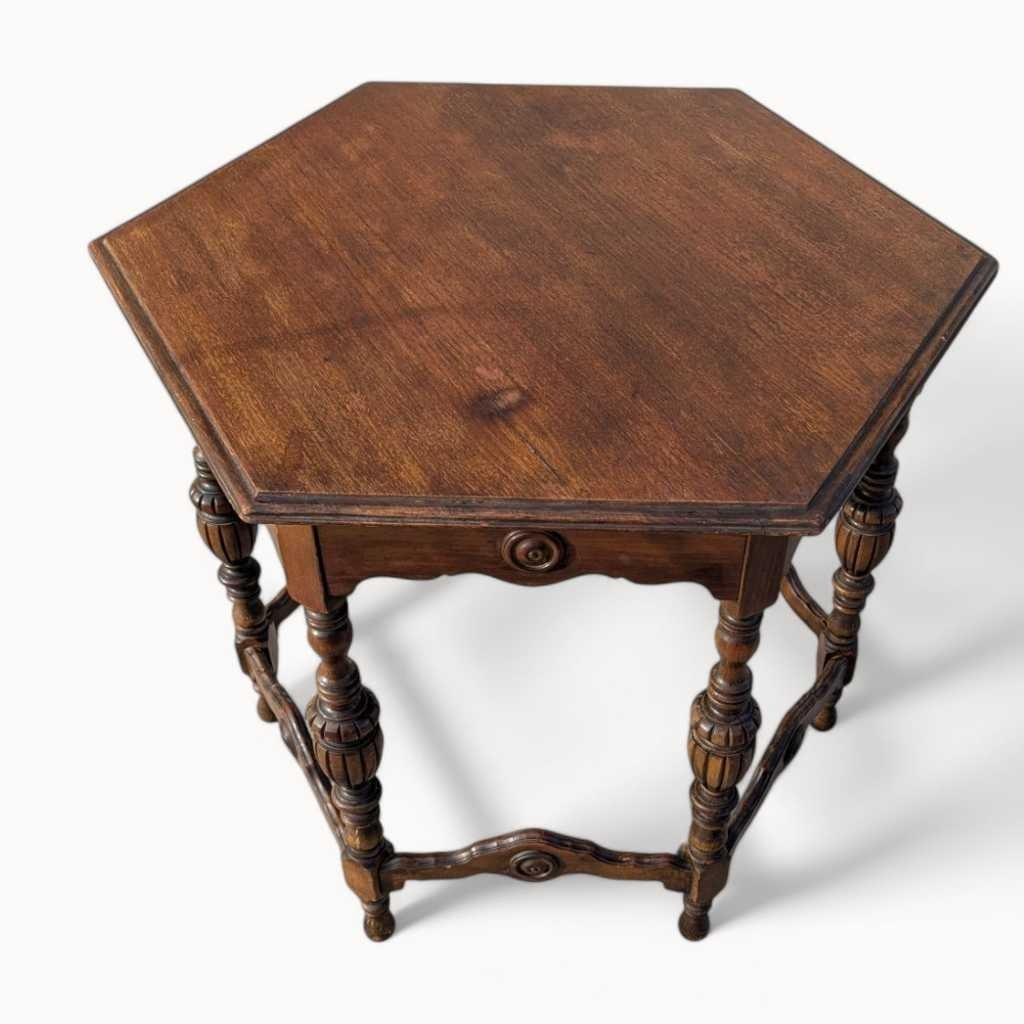 Bois Antique Hexagonal Dining Table Carved Wood with Turned Legs, Early 1900s Accent en vente