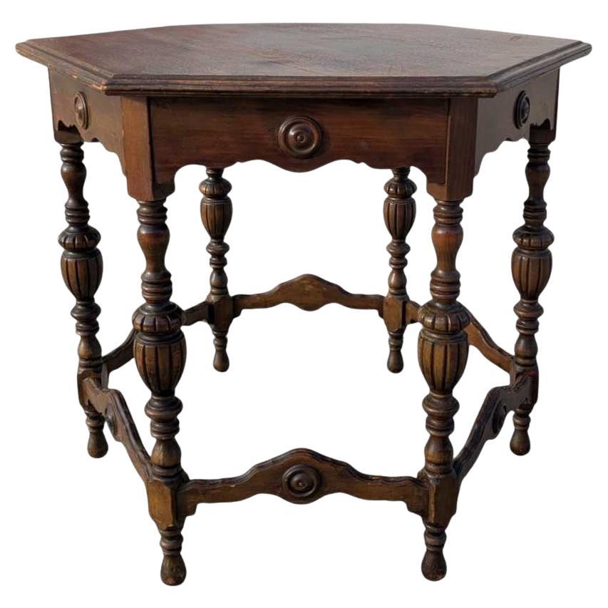 Antique Hexagonal Dining Table Carved Wood with Turned Legs, Early 1900s Accent en vente