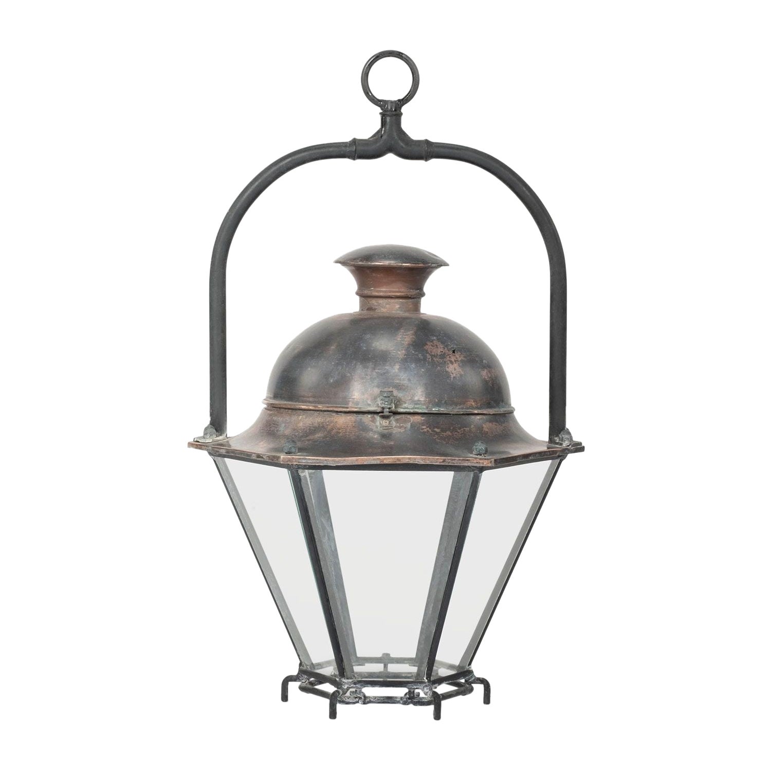 Antiguo Farol Hexagonal de Cobre Abovedado con Paneles de Cristal