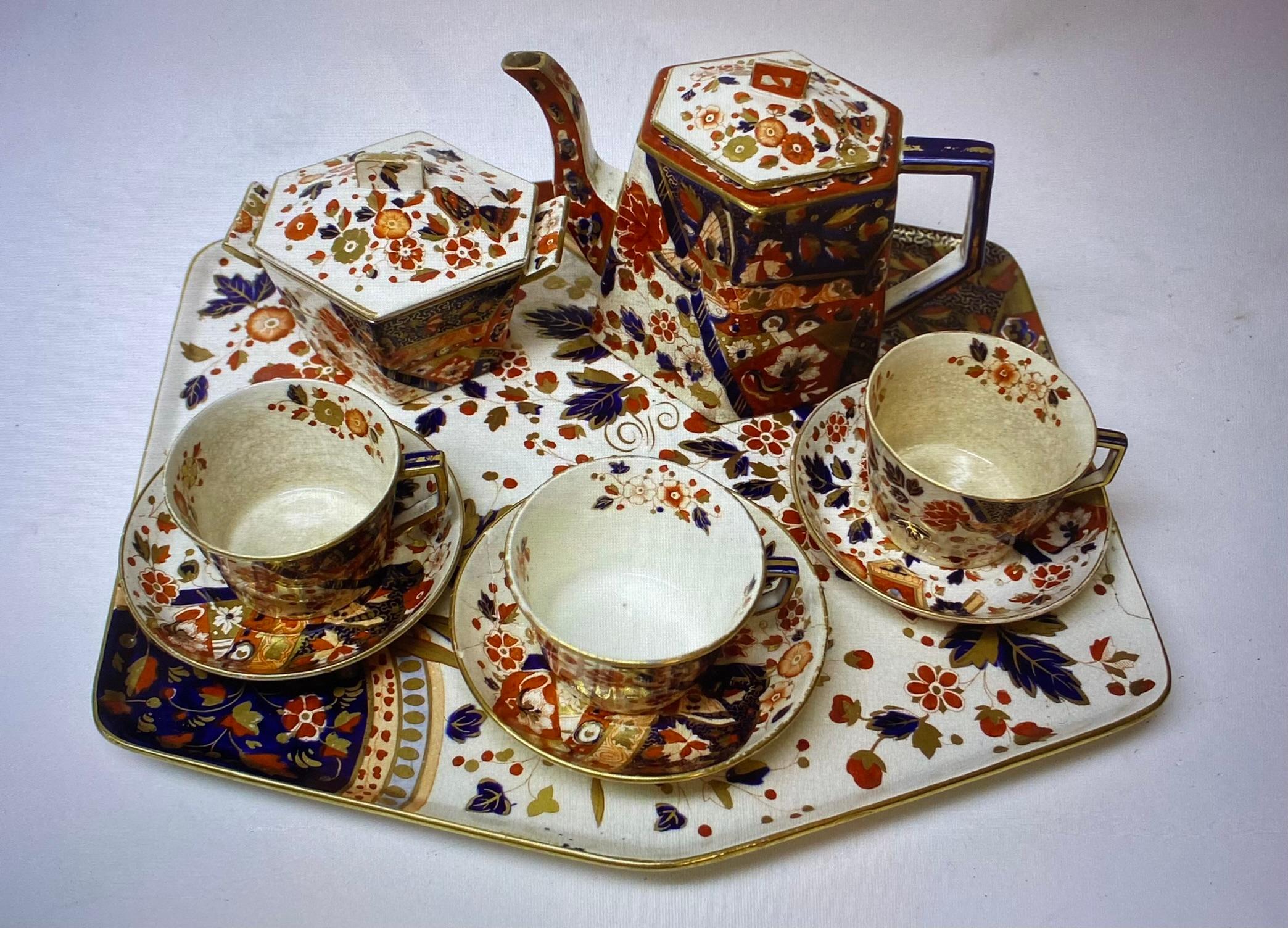 Old Derby Imari tea set including:
Measure: Tray 15