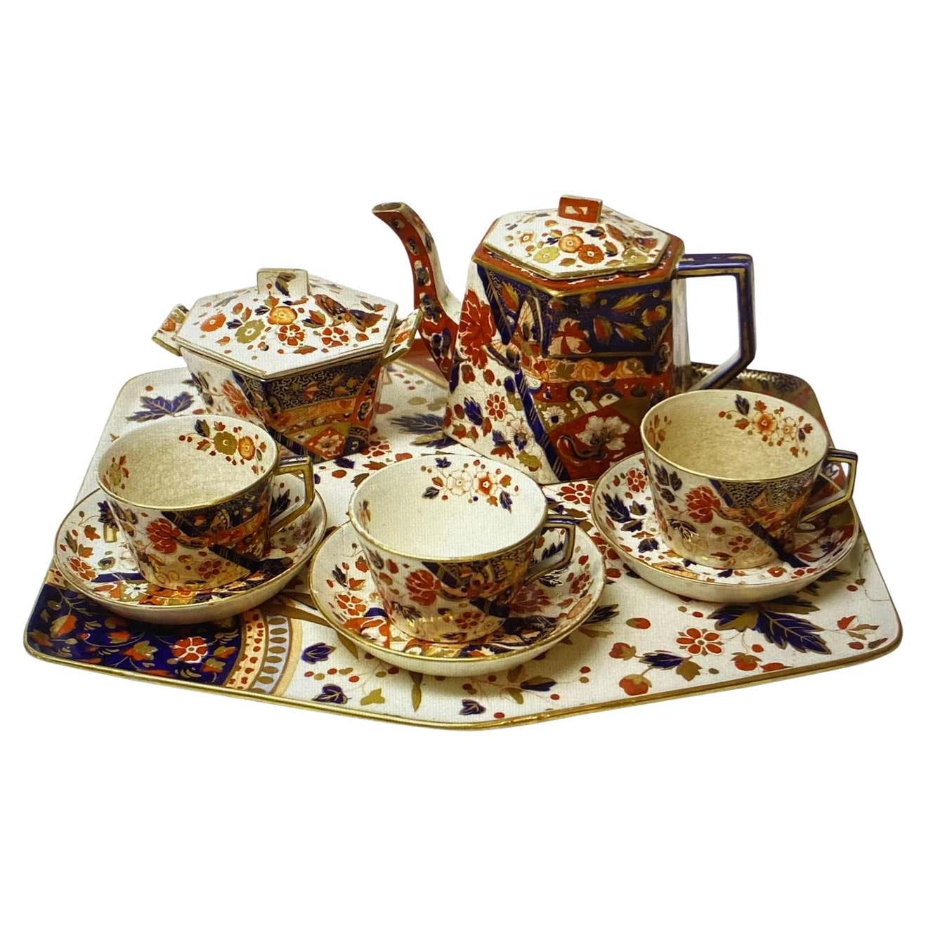 Antique Hexagonal Old Derby Imari Tea Set For Sale at 1stDibs