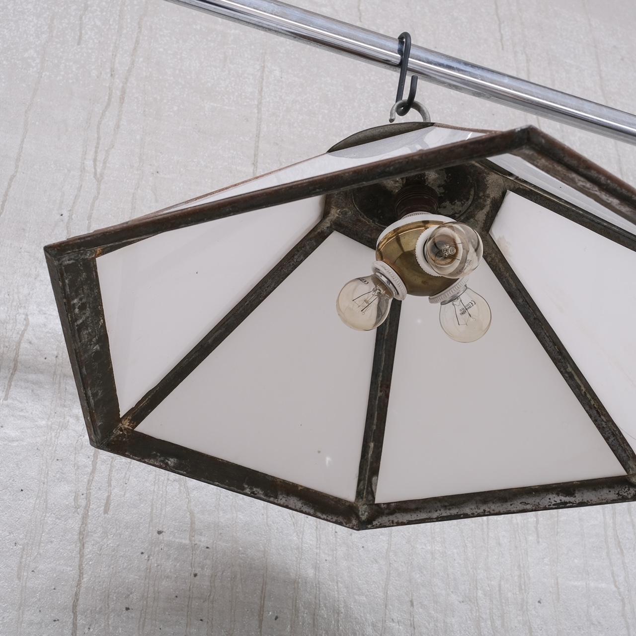 Antique Hexagonal Opaline Metro Light PendantLantern '2 Available' For Sale 1