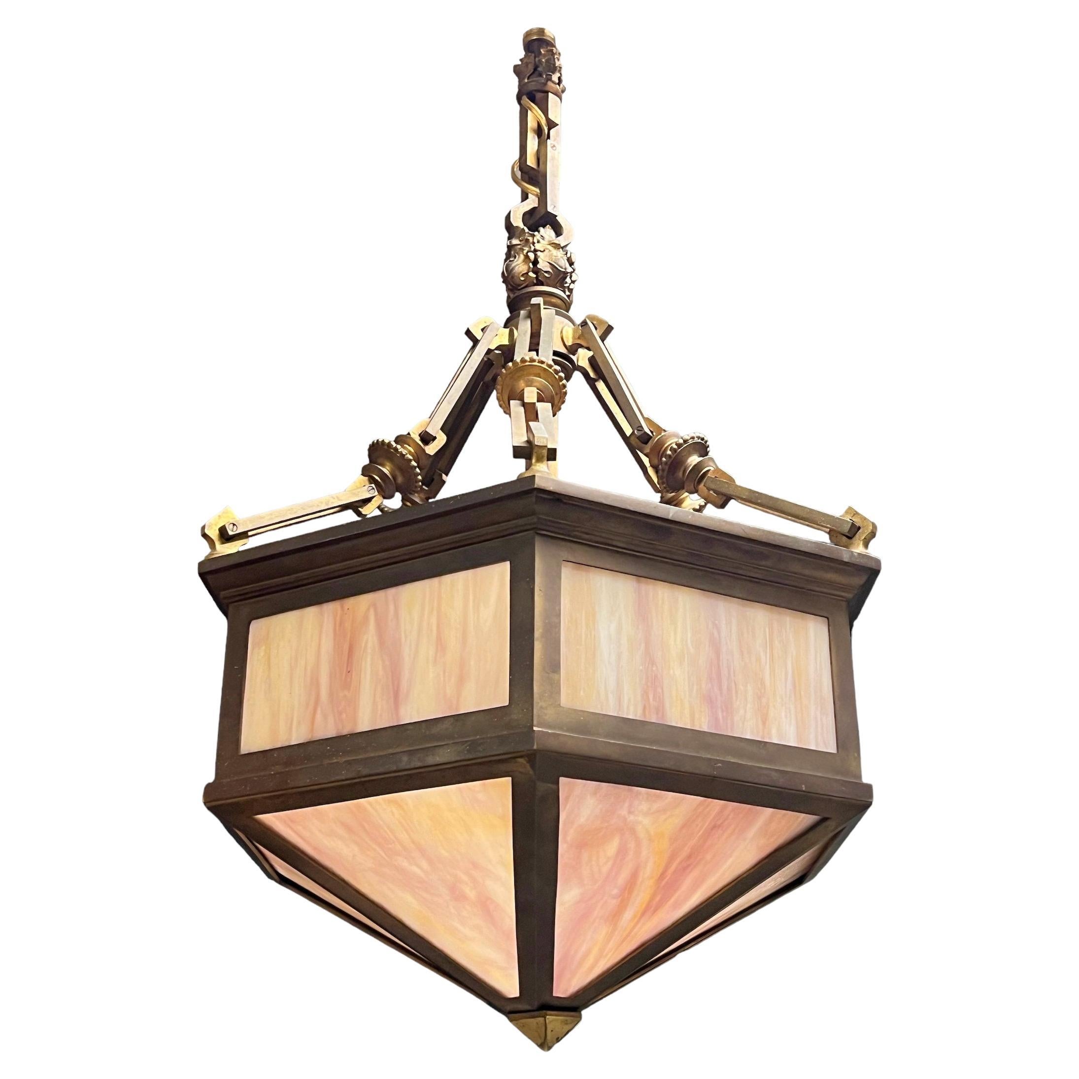 Antique Hexagonal Shaped Bronze and Slag Glass Chandelier For Sale