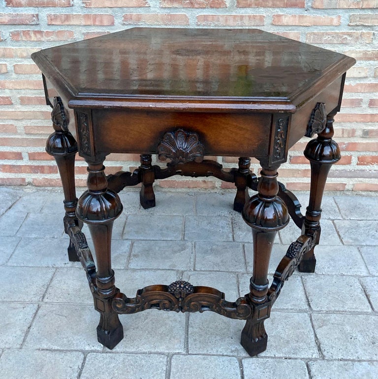 Antique Hexagonal Side or Center Walnut Table with Six Carved Legs For