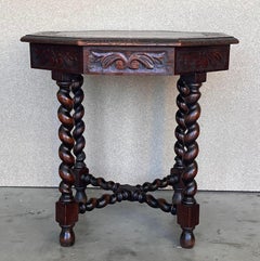 Antique Hexagonal Side or Center Walnut Table with Six Carved Legs