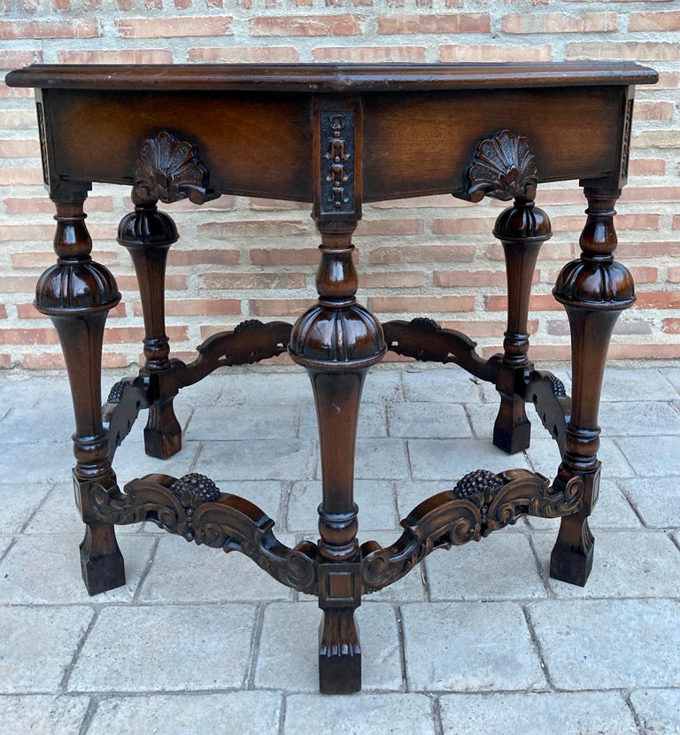 Antique Hexagonal Side or Center Walnut Table with Six Carved Legs For