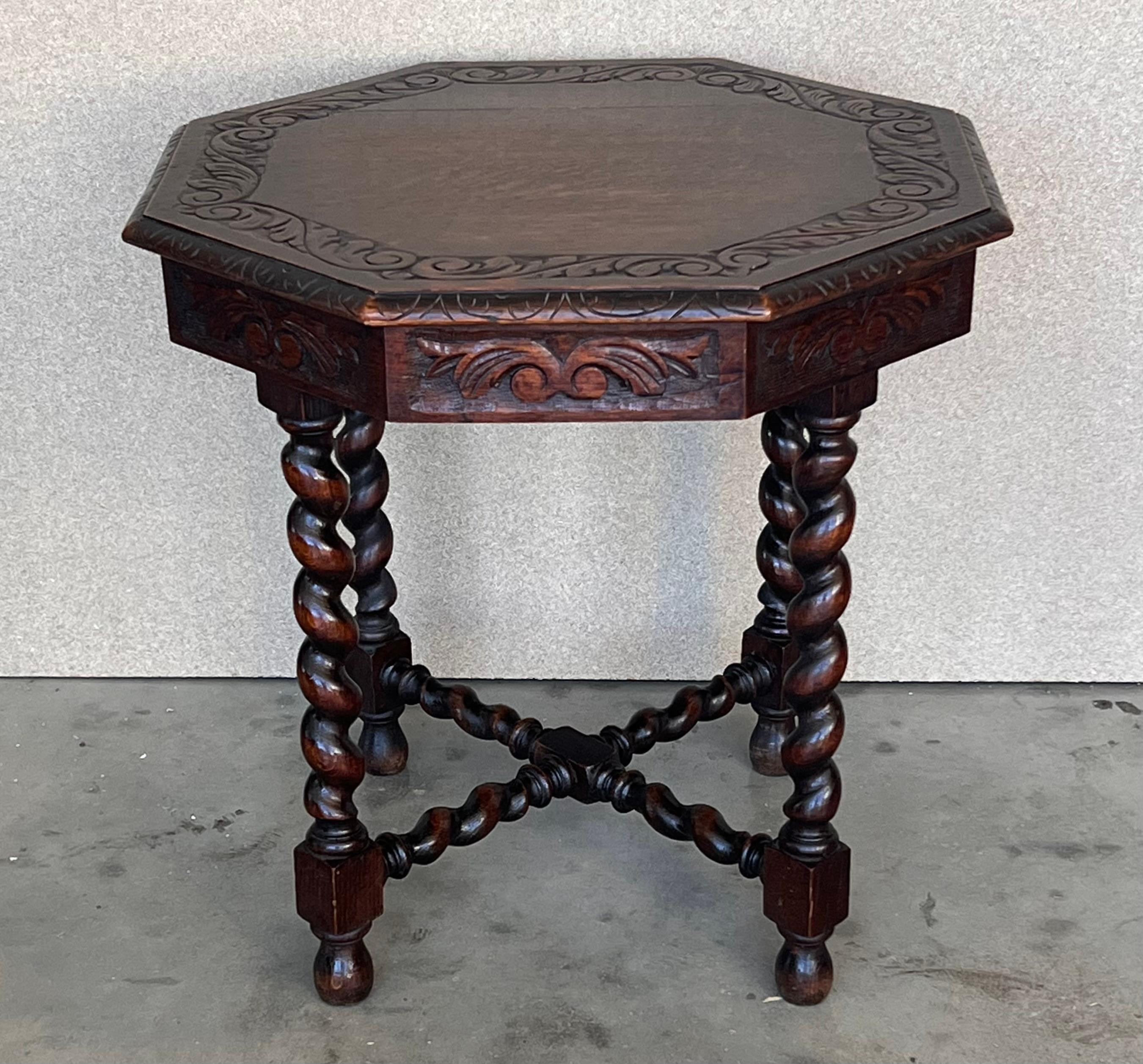 French Provincial Antique Hexagonal Side or Center Walnut Table with Six Carved Legs For Sale