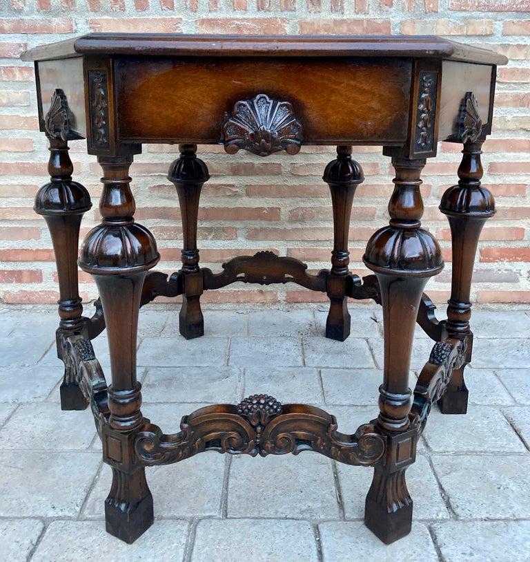 Antique Hexagonal Side or Center Walnut Table with Six Carved Legs For