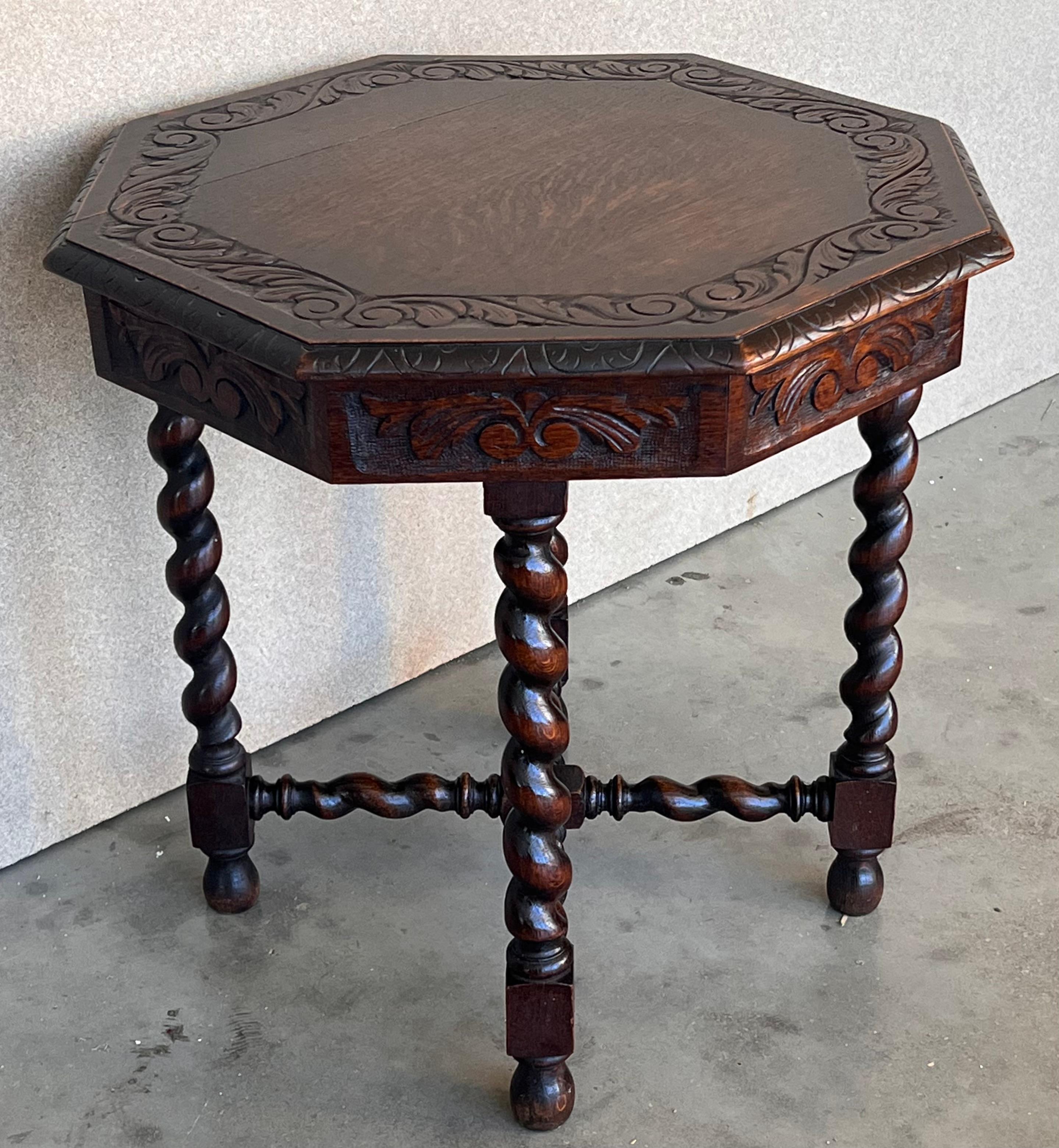French Antique Hexagonal Side or Center Walnut Table with Six Carved Legs For Sale