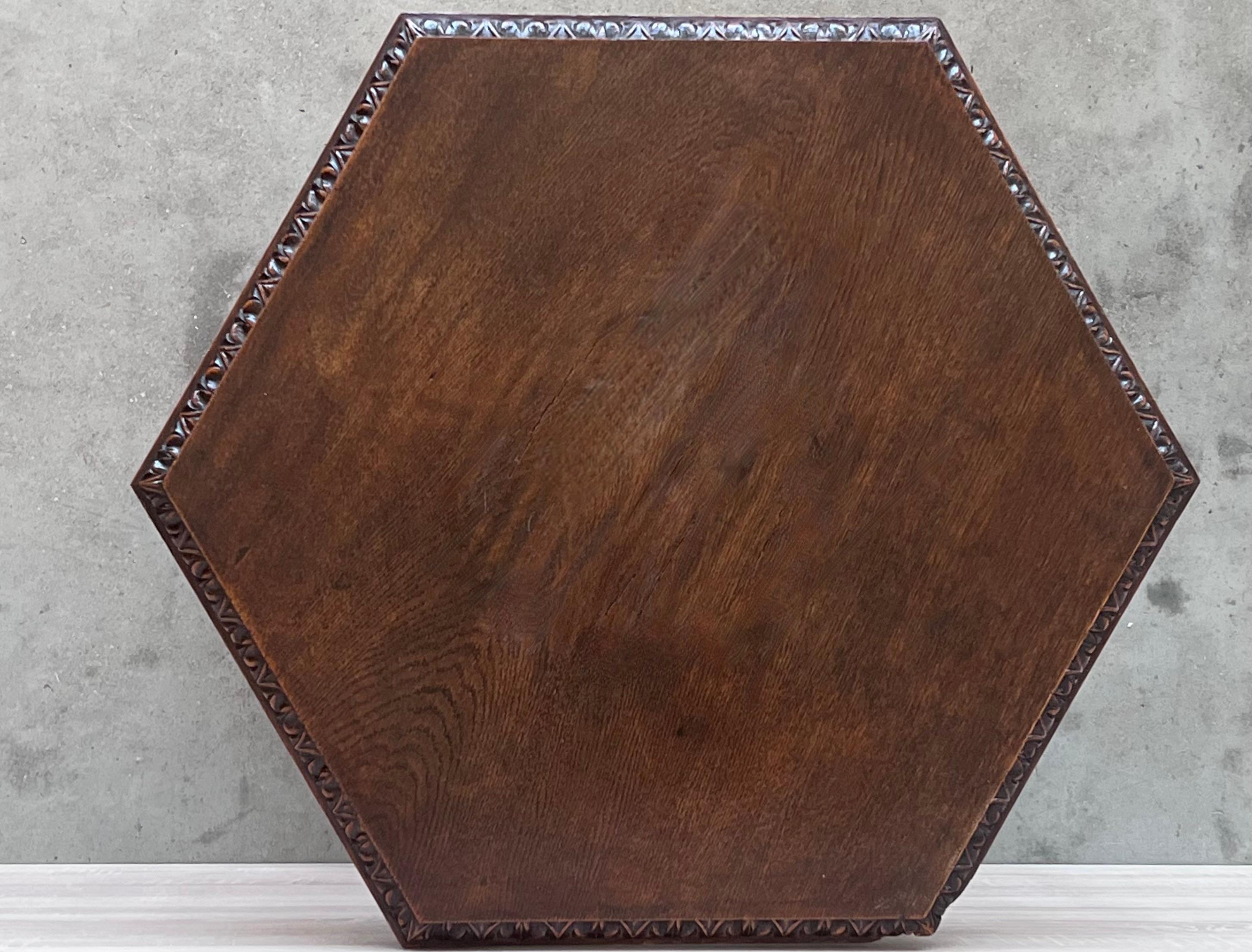 French Antique Hexagonal Side or Center Walnut Table with Six Carved Legs For Sale