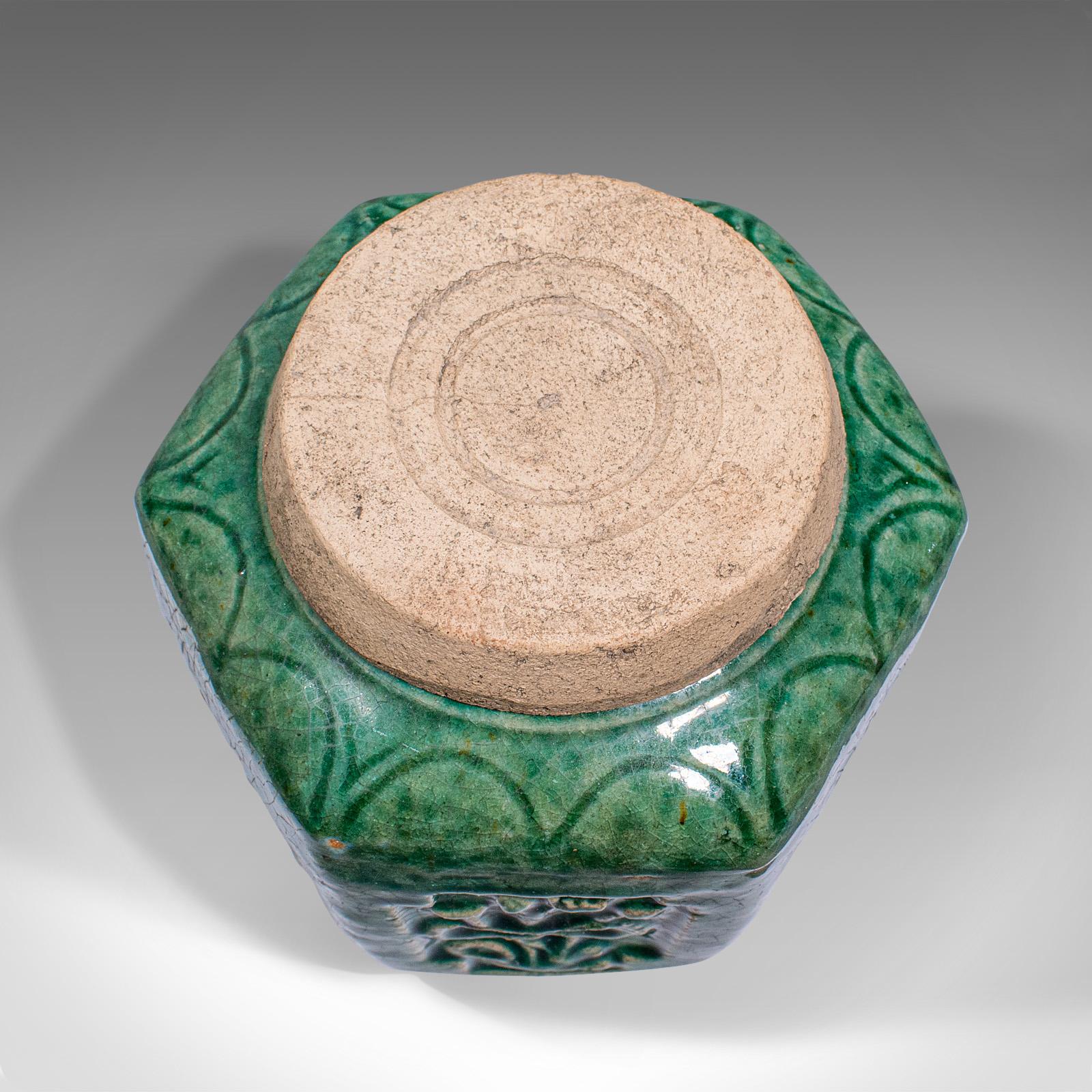 19th Century Antique Hexagonal Spice Jar, Japanese, Glazed Earthenware, Pot, Meiji, Victorian For Sale
