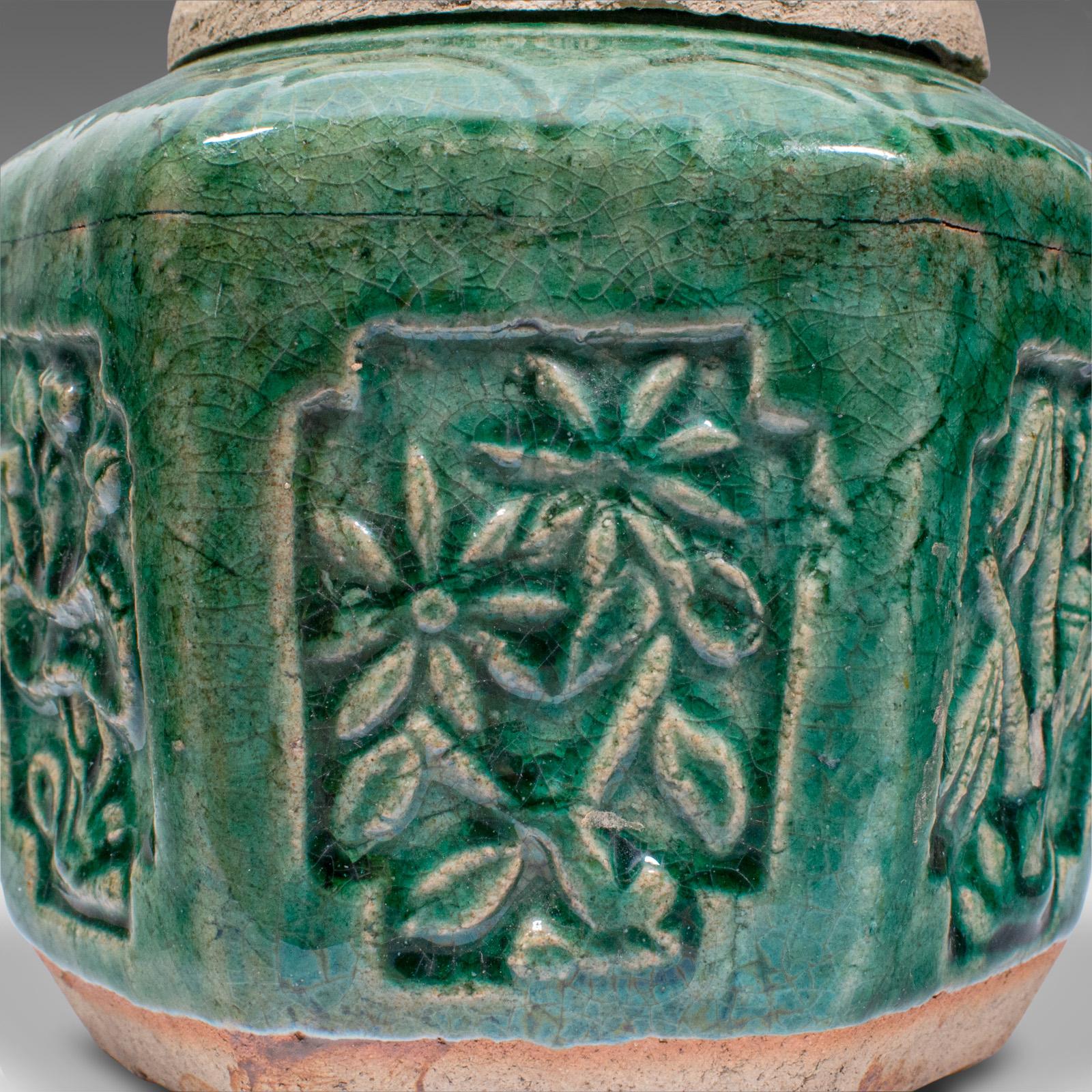 Antique Hexagonal Spice Jar, Japanese, Glazed Earthenware, Pot, Meiji, Victorian For Sale 1