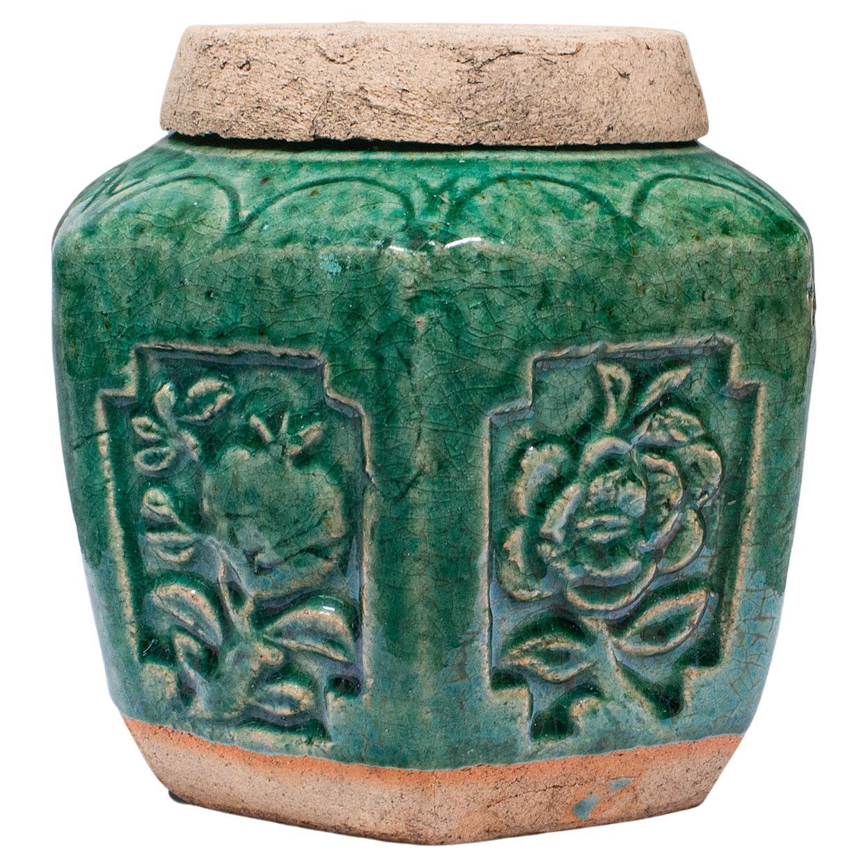 Antique Hexagonal Spice Jar, Japanese, Glazed Earthenware, Pot, Meiji, Victorian For Sale