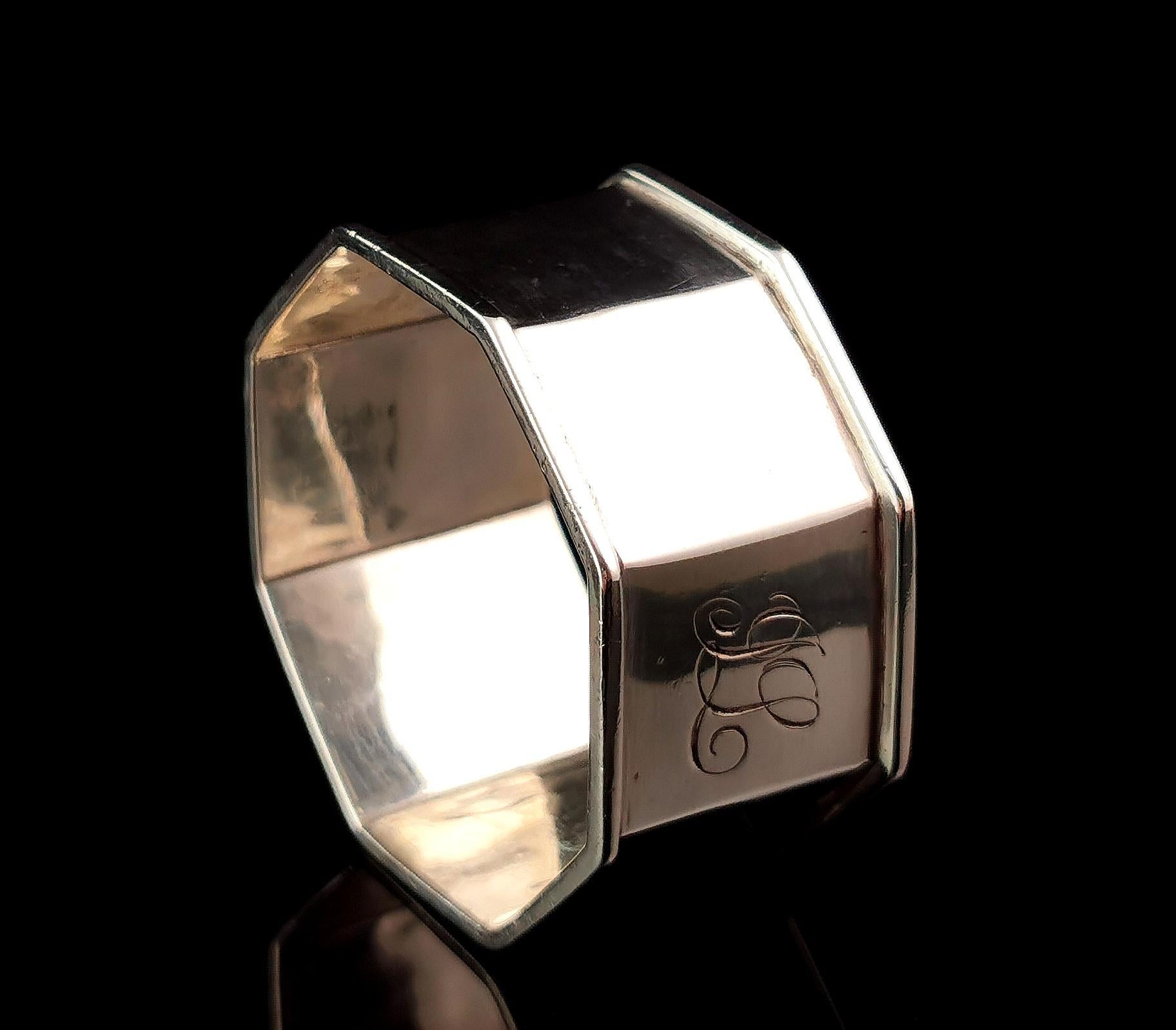 British Antique hexagonal sterling silver napkin ring, Monogrammed  For Sale