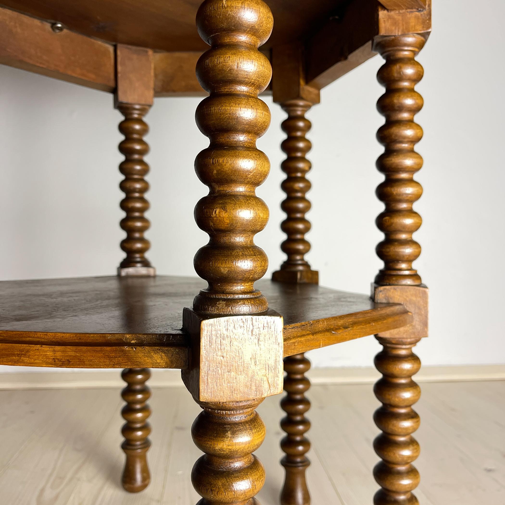 20th Century Antique Hexagonal Walnut Side Table, Italy, early 20th, Bobbin Turned legs For Sale