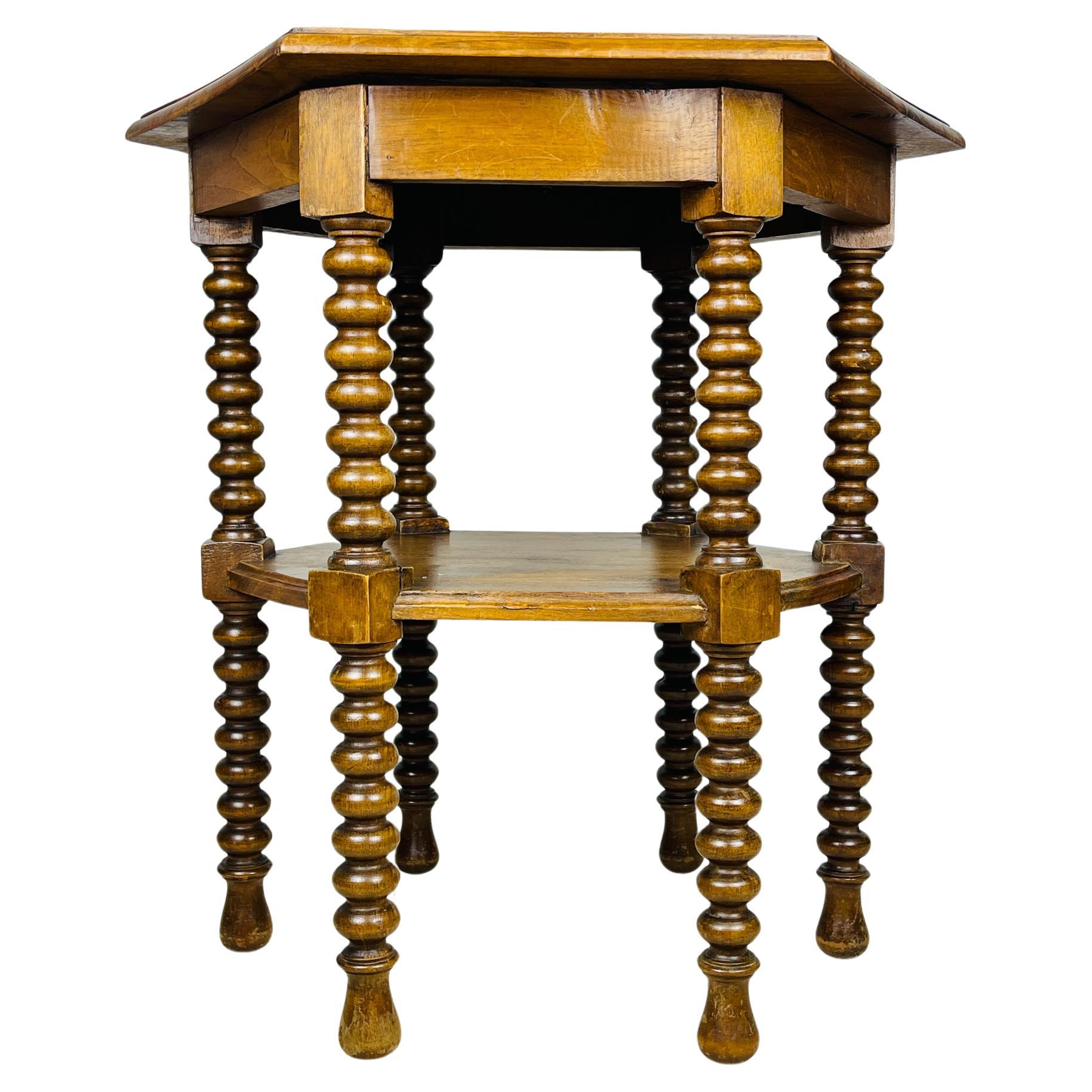 Antique Hexagonal Walnut Side Table, Italy, early 20th, Bobbin Turned legs