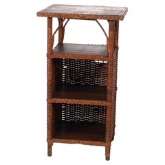 Antique Heywood Wakefield Arts & Crafts Oak & Wicker Magazine Stand C1920