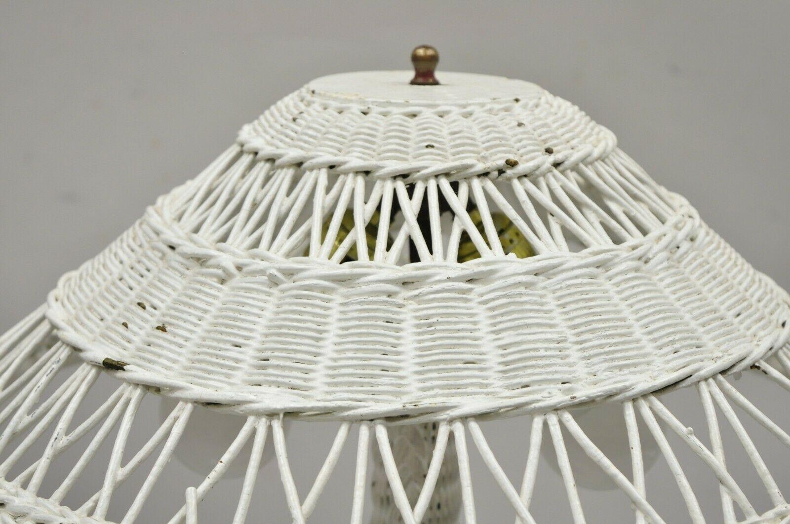 Arts and Crafts Antique Heywood Wakefield Arts & Crafts White Wicker Table Lamp wth Shade For Sale