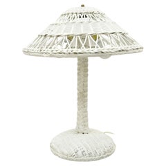 Lampada da tavolo antica Heywood Wakefield Arts & Crafts in vimini bianco con paralume