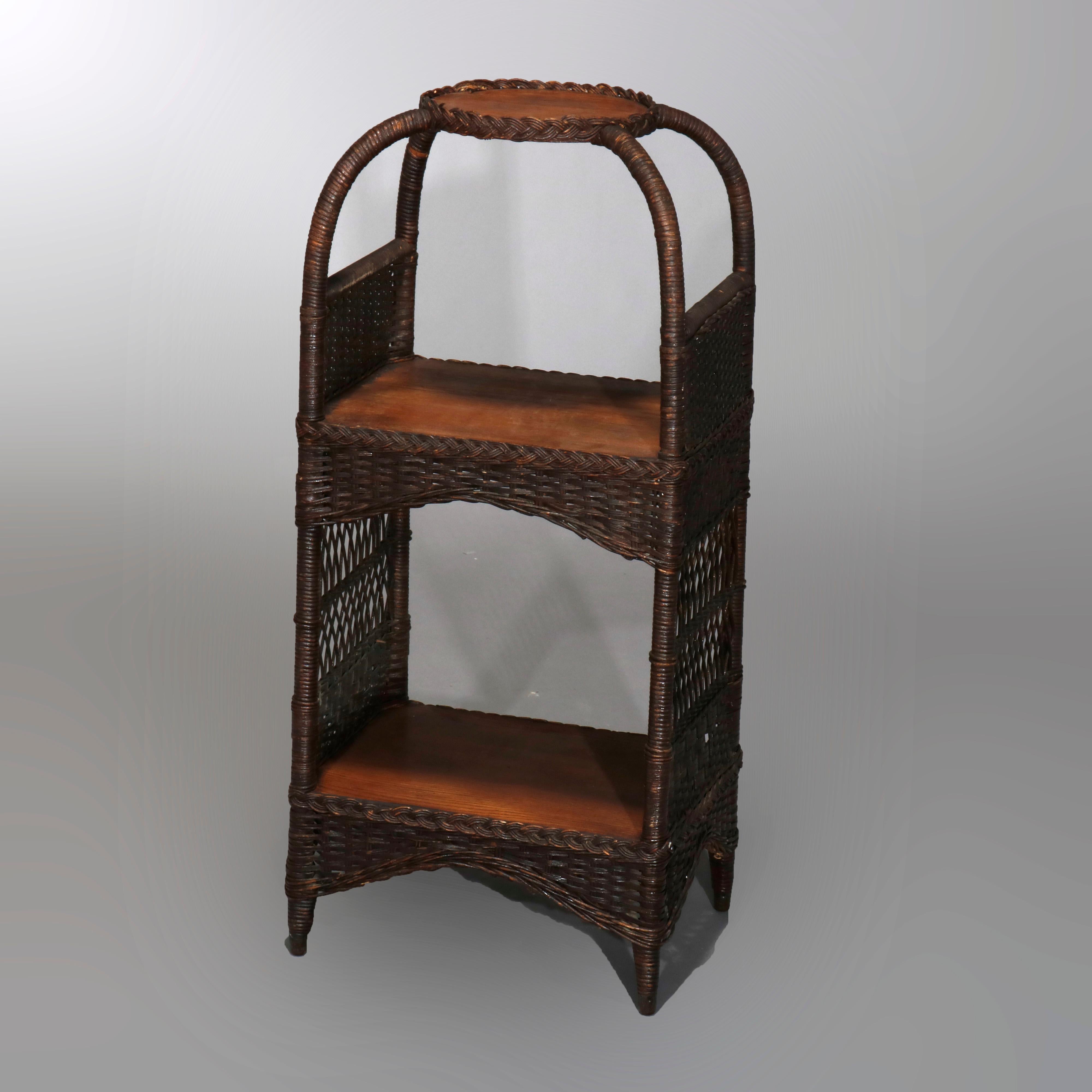 Antique Heywood Wakefield Oak and Wicker Plant Stand, circa 1890 In Good Condition In Big Flats, NY