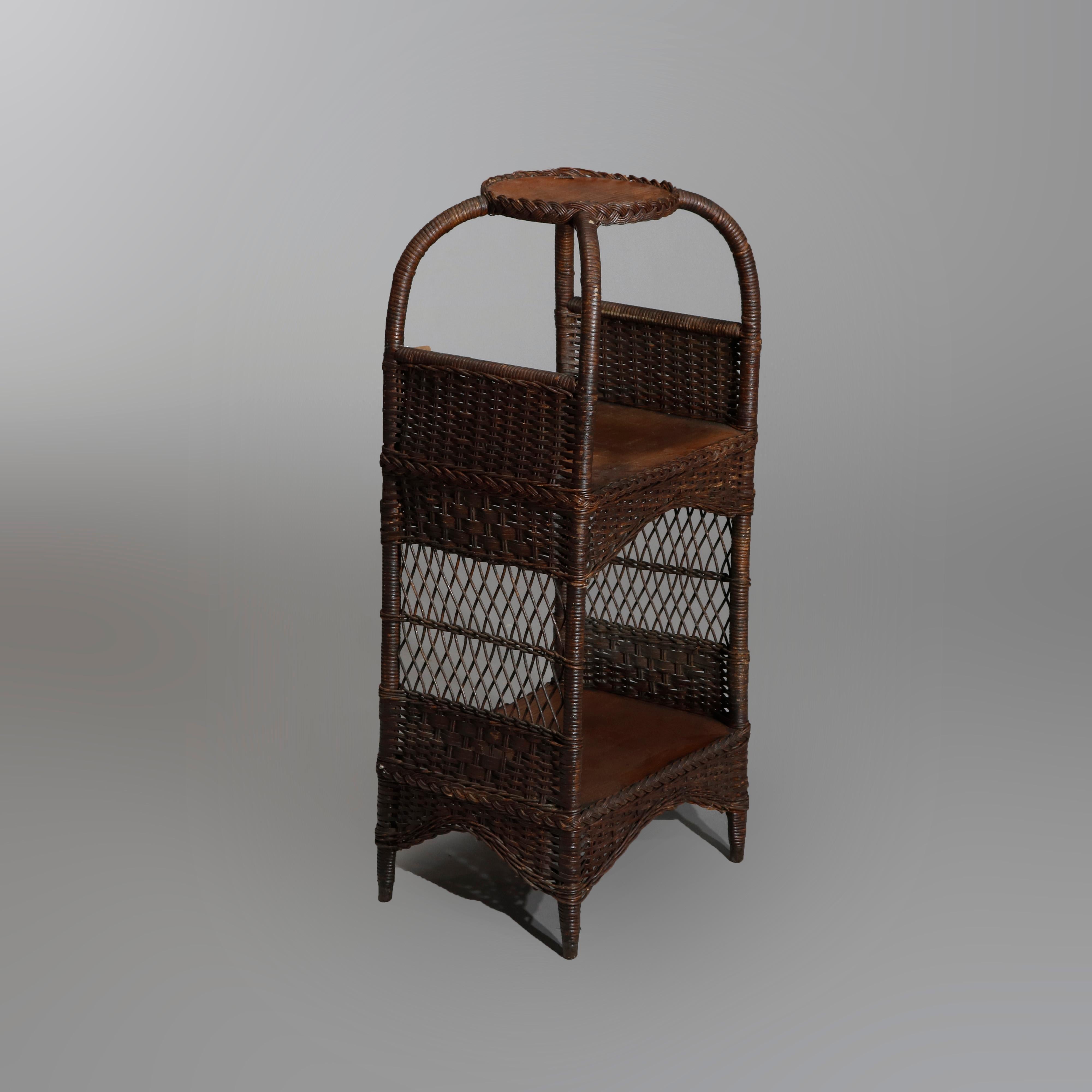 19th Century Antique Heywood Wakefield Oak and Wicker Plant Stand, circa 1890