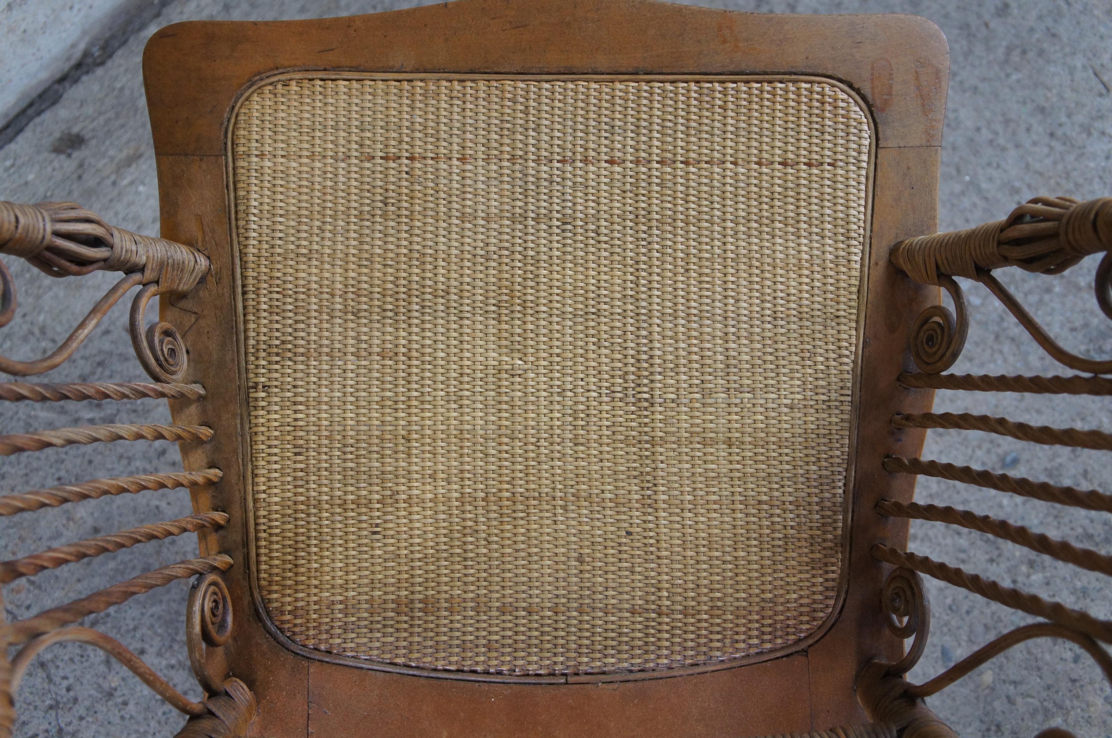 Antique Heywood Wakefield Victorian Wicker Rocking Arm Chair Rattan Seat 1900s 3