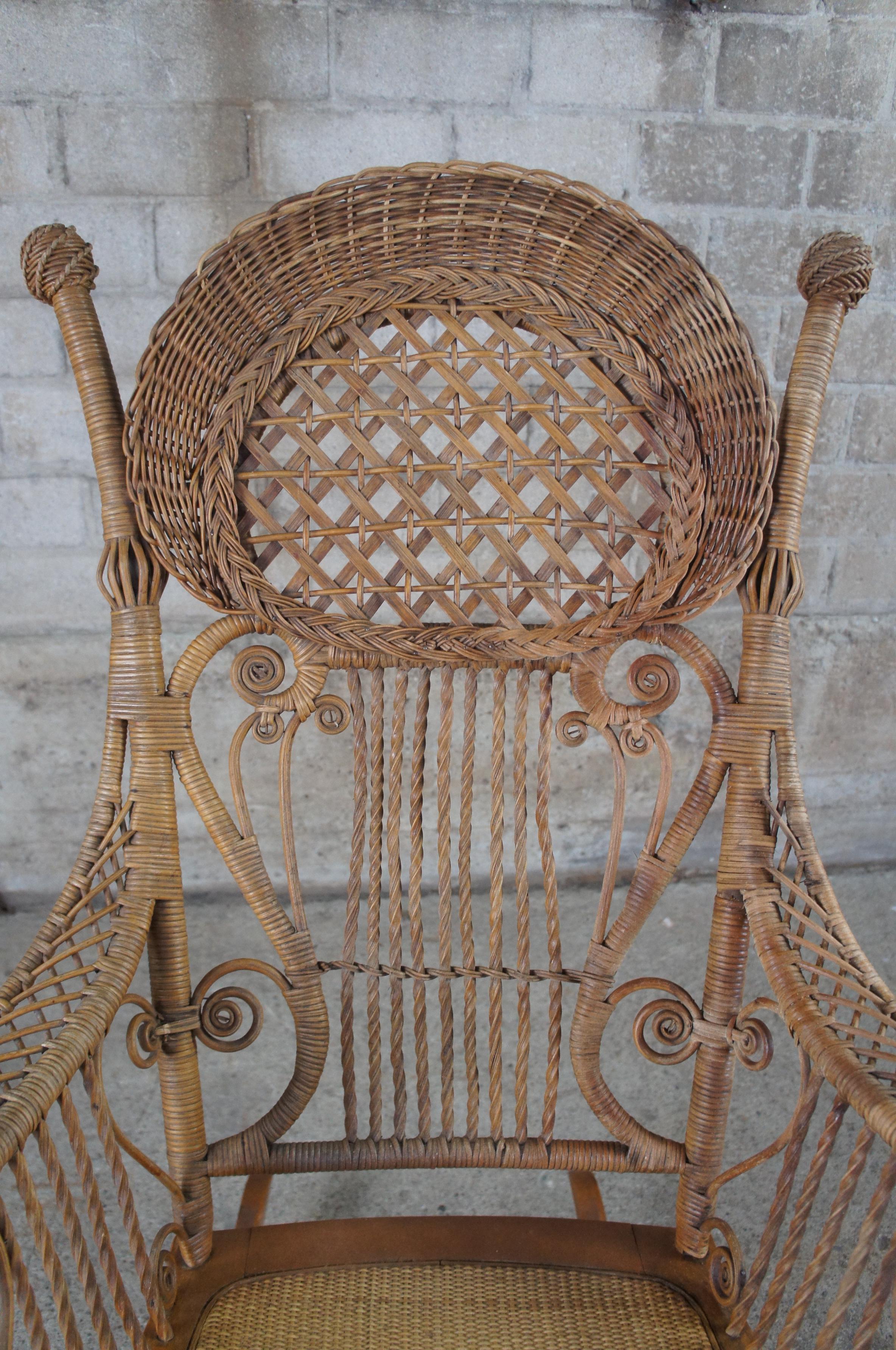 20th Century Antique Heywood Wakefield Victorian Wicker Rocking Arm Chair Rattan Seat 1900s