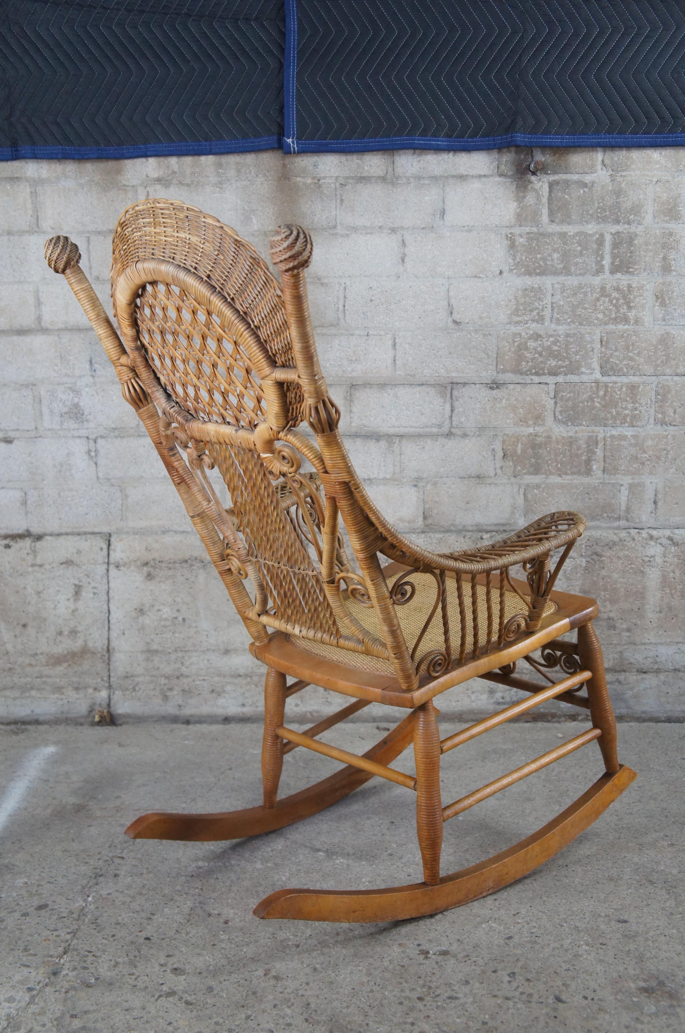 Antique Heywood Wakefield Victorian Wicker Rocking Arm Chair Rattan Seat 1900s 2