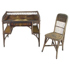 Antique Heywood Wakefield Wicker Rattan Bookcase Writing Desk & Chair Antique Heywood Wakefield Wicker Rattan Bookcase Writing Desk & Chair