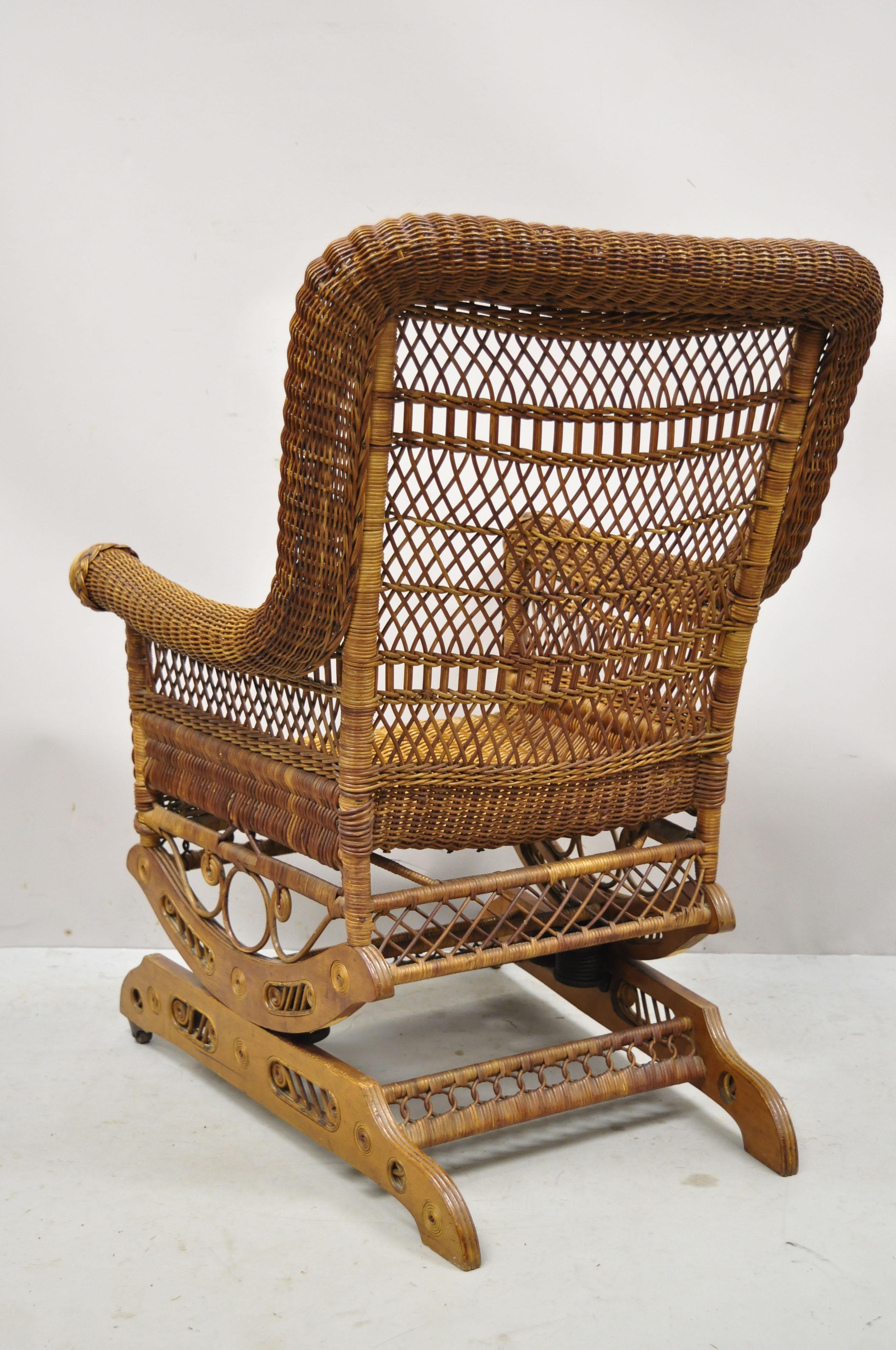 Antique Heywood Wakefield Woven Wicker Victorian Platform Rocker Rocking Chair For Sale 2