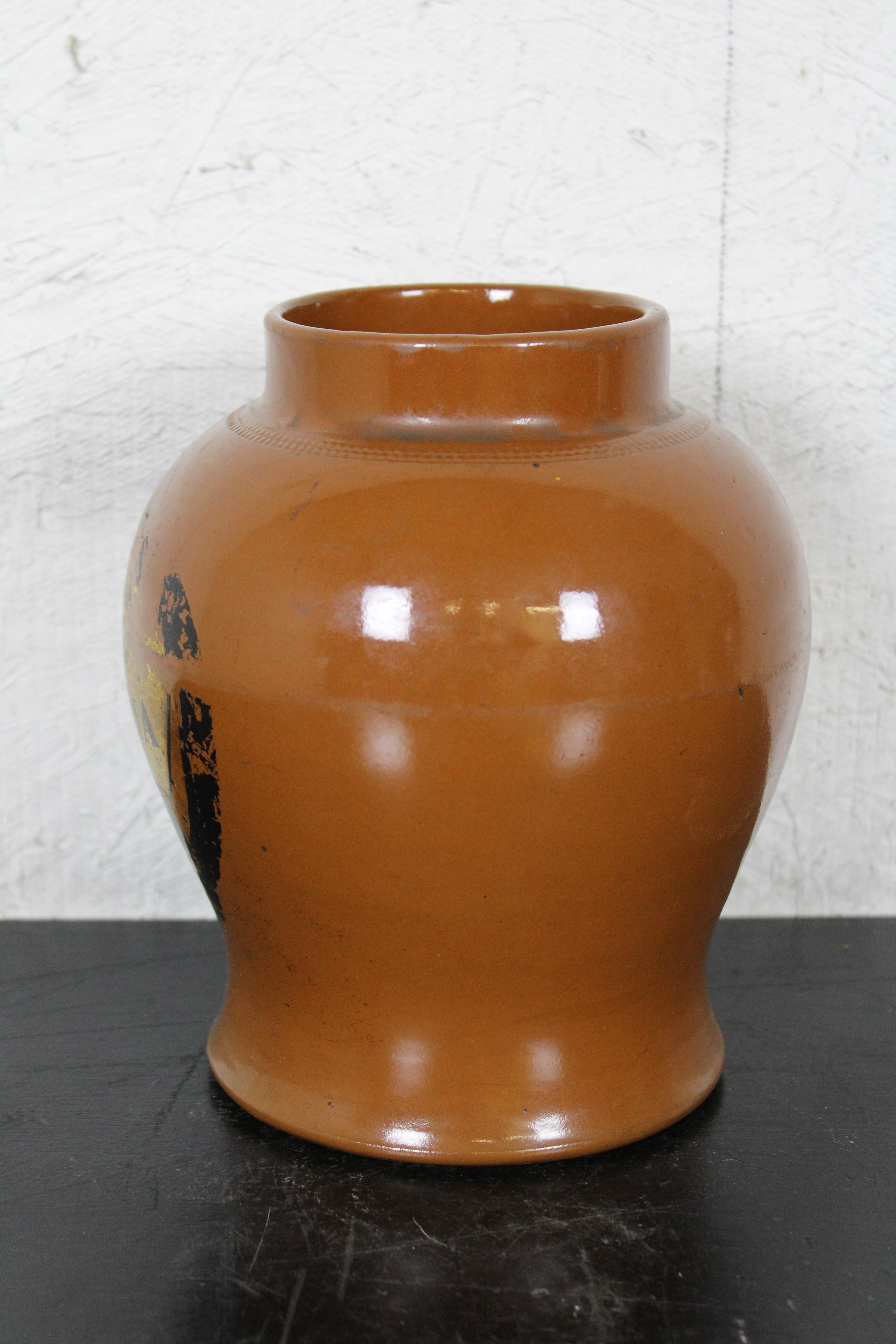 Metal Antique HF&S London Orange Stoneware Virginia Tobacco Jar Canister Caddy