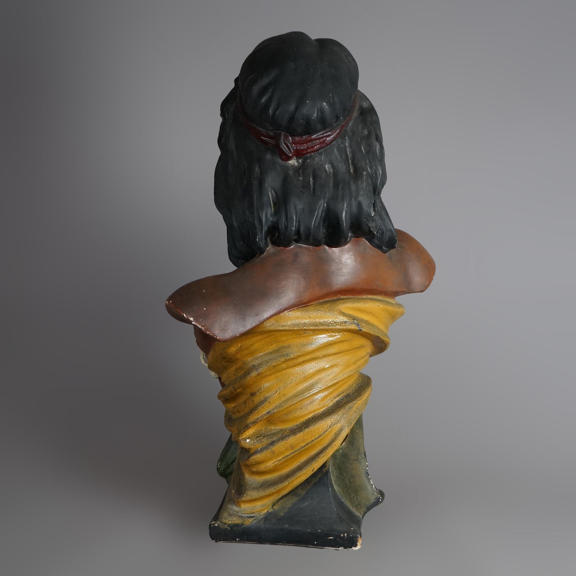 Antique Hiawatha Cigar Store Polychrome Plaster Bust of Indian  Warrior c1900 7
