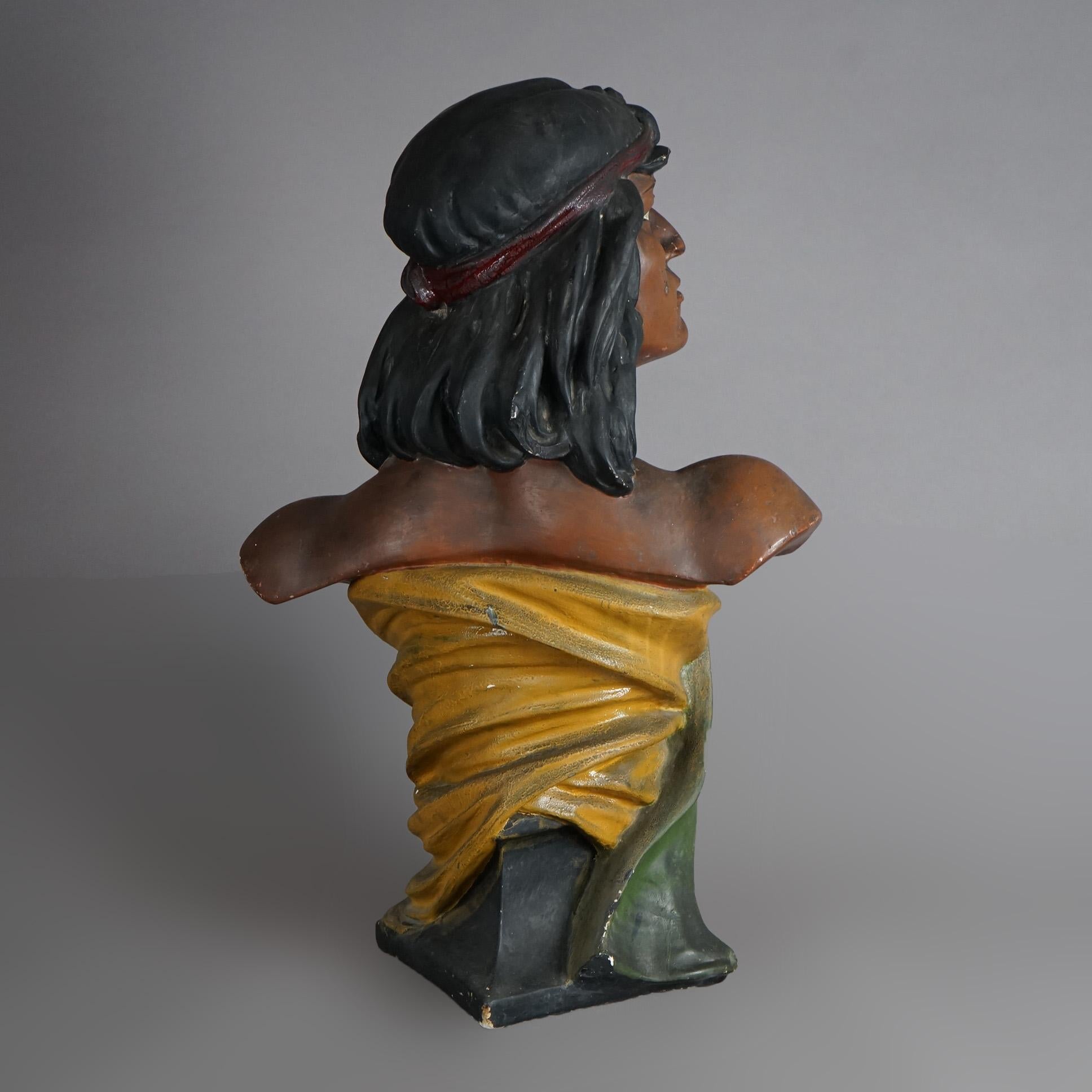 Antique Hiawatha Cigar Store Polychrome Plaster Bust of Indian  Warrior c1900 8