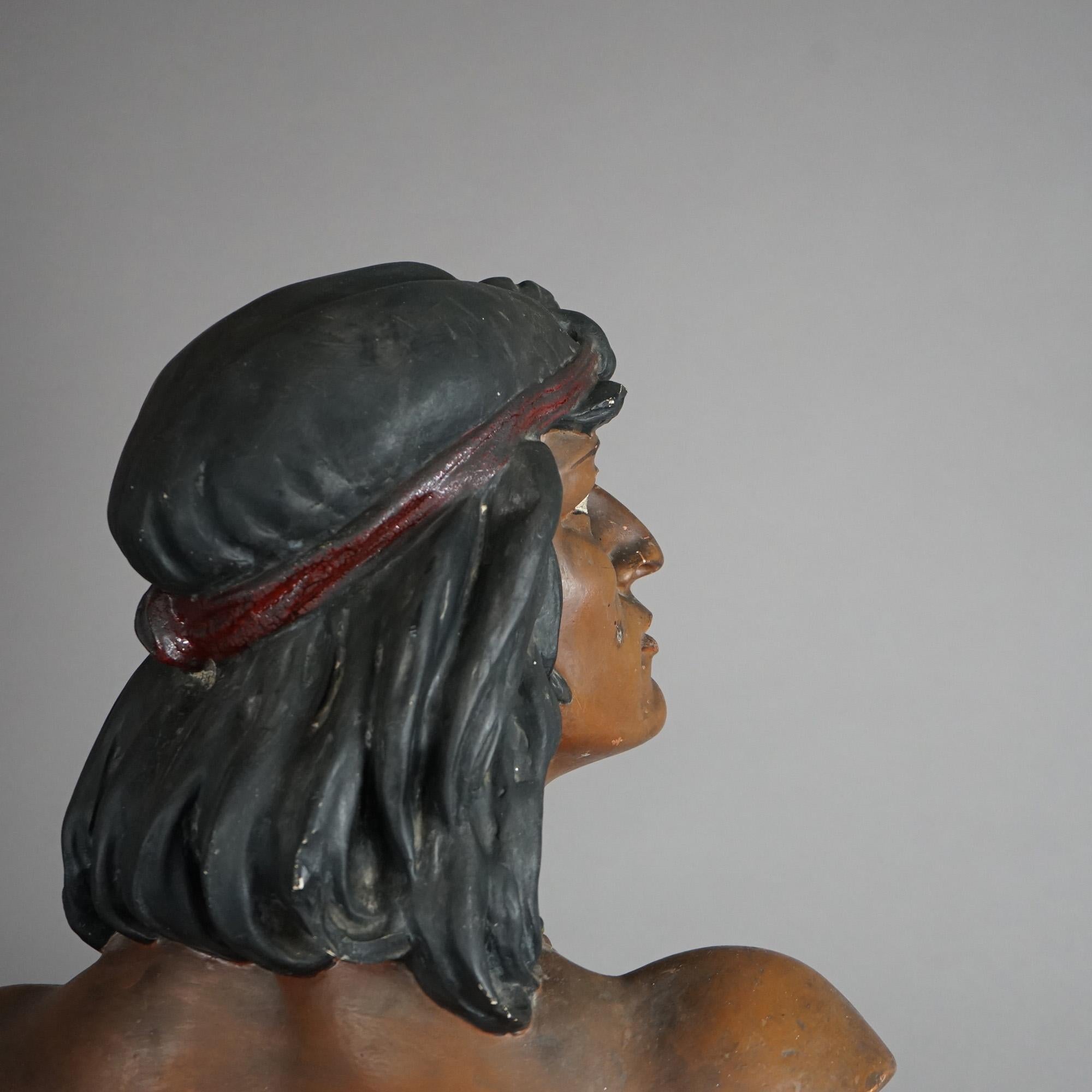 Antique Hiawatha Cigar Store Polychrome Plaster Bust of Indian  Warrior c1900 11