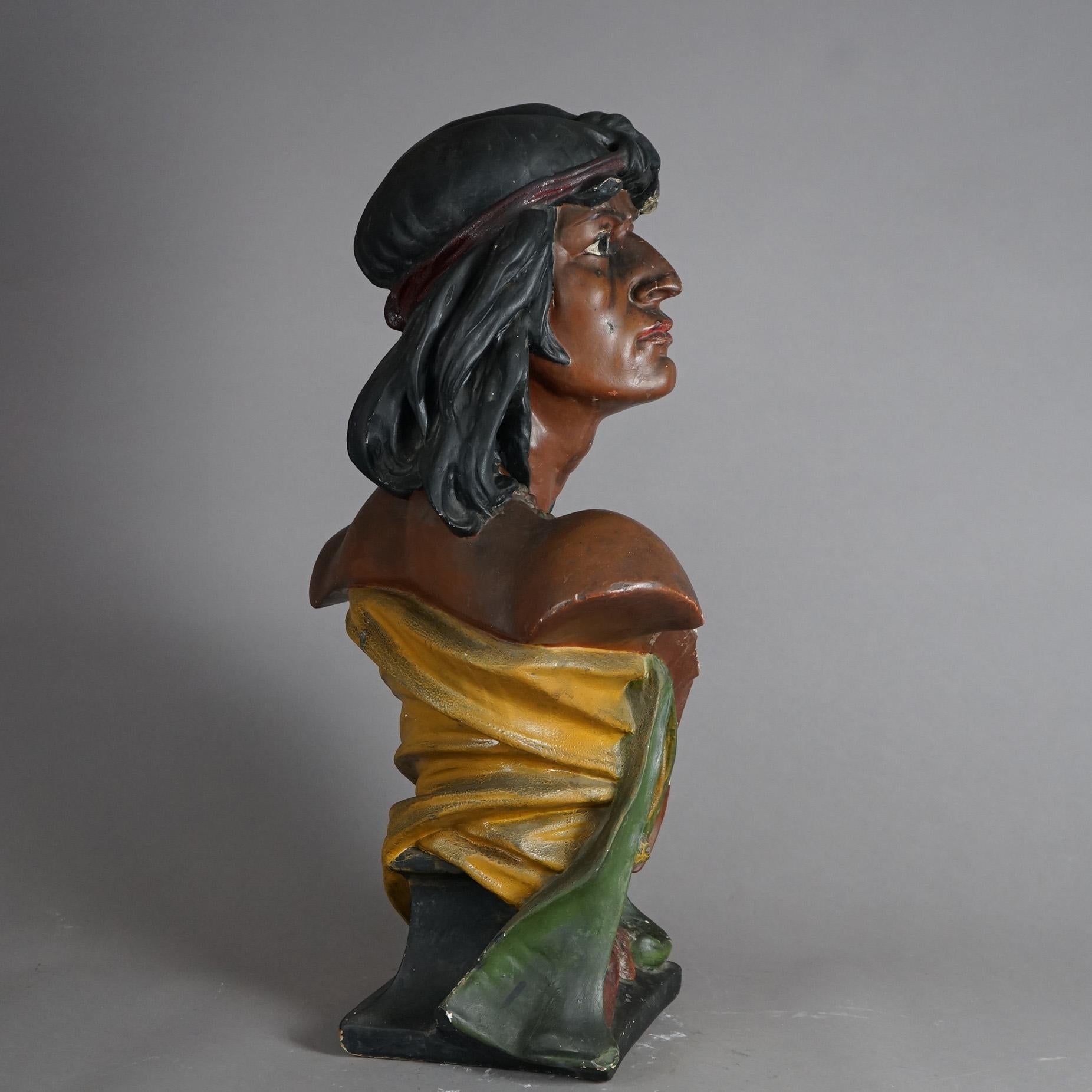 Antique Hiawatha Cigar Store Polychrome Plaster Bust of Indian  Warrior c1900 12