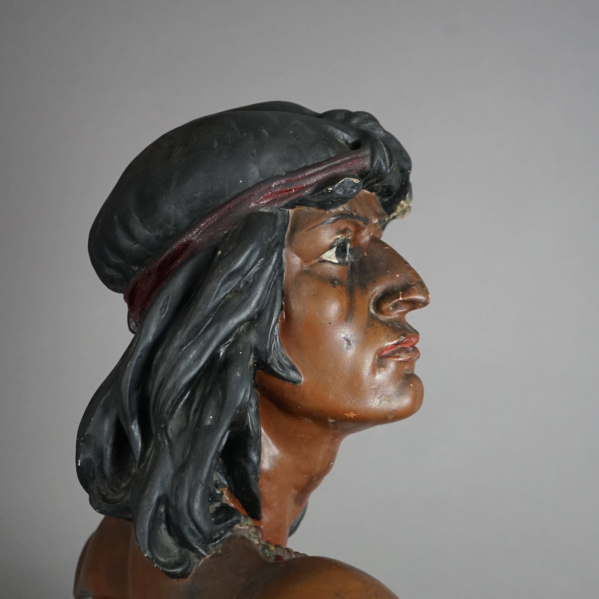 Antique Hiawatha Cigar Store Polychrome Plaster Bust of Indian  Warrior c1900 13