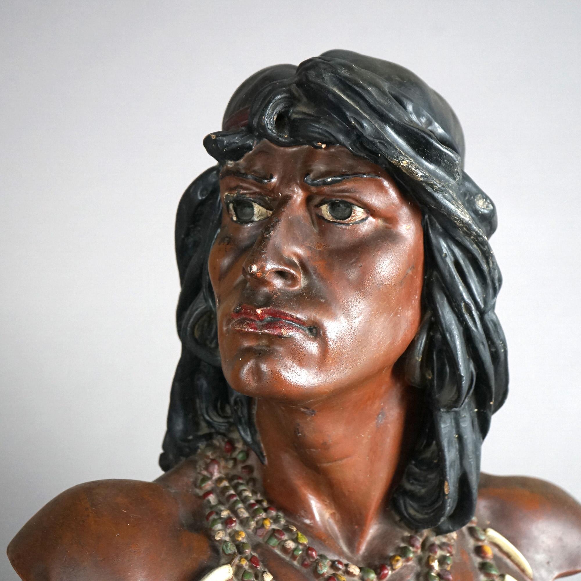 American Antique Hiawatha Cigar Store Polychrome Plaster Bust of Indian  Warrior c1900