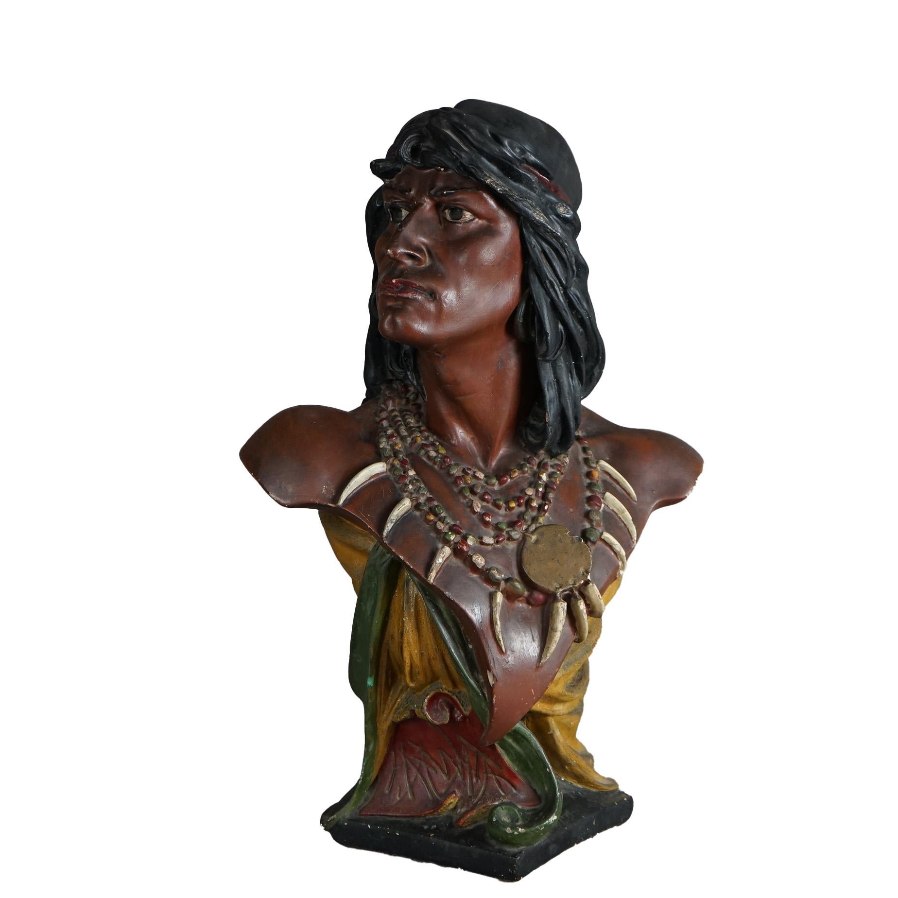 Polychromed Antique Hiawatha Cigar Store Polychrome Plaster Bust of Indian  Warrior c1900